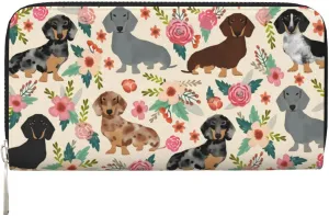 Dachshund Sausage Dogs Pink Flowers Print Wallet for Men Women Elegant Long Clutch Zip Around Travel Leather Coin Purse Large Capacity Credit Card Holder Handbag