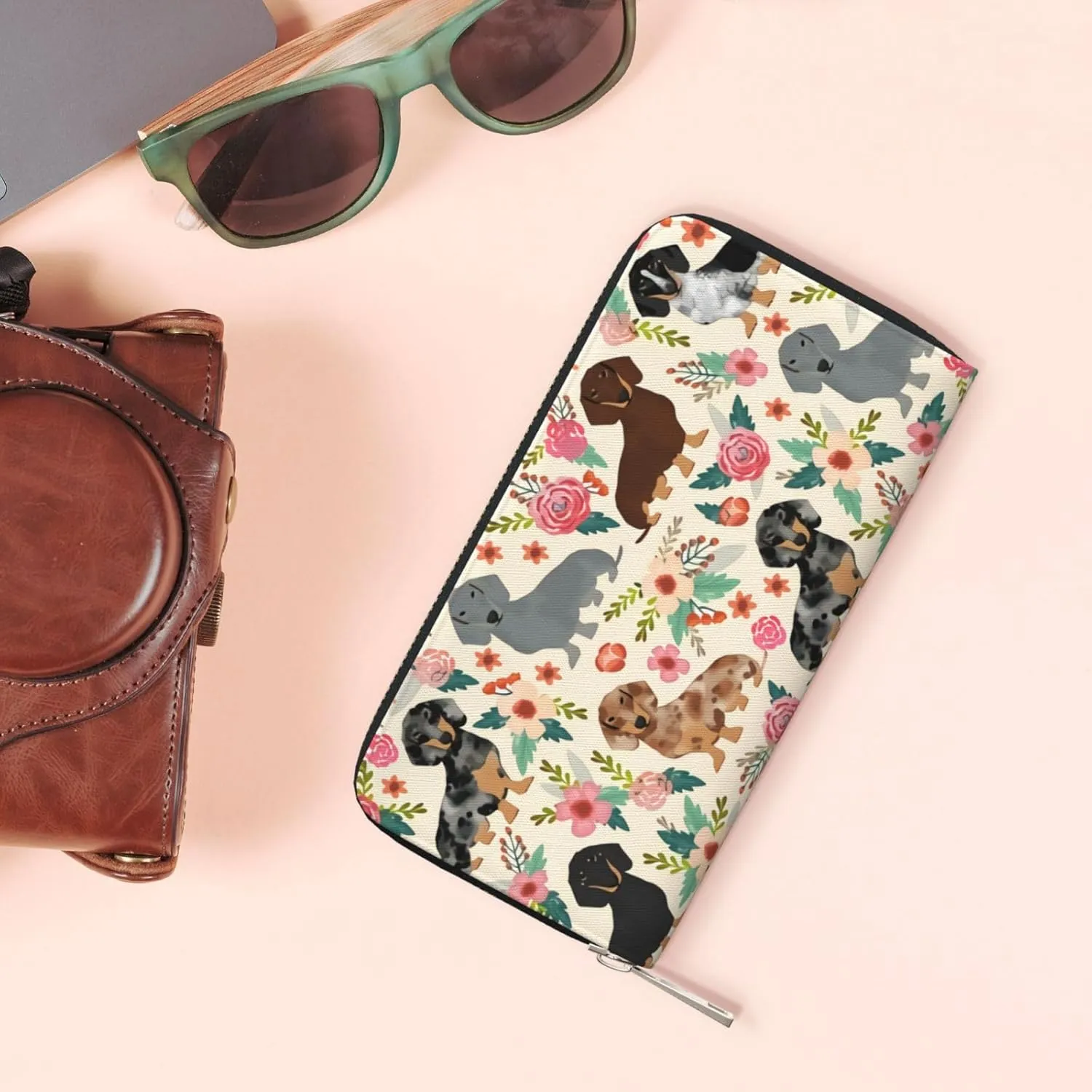 Dachshund Sausage Dogs Pink Flowers Print Wallet for Men Women Elegant Long Clutch Zip Around Travel Leather Coin Purse Large Capacity Credit Card Holder Handbag