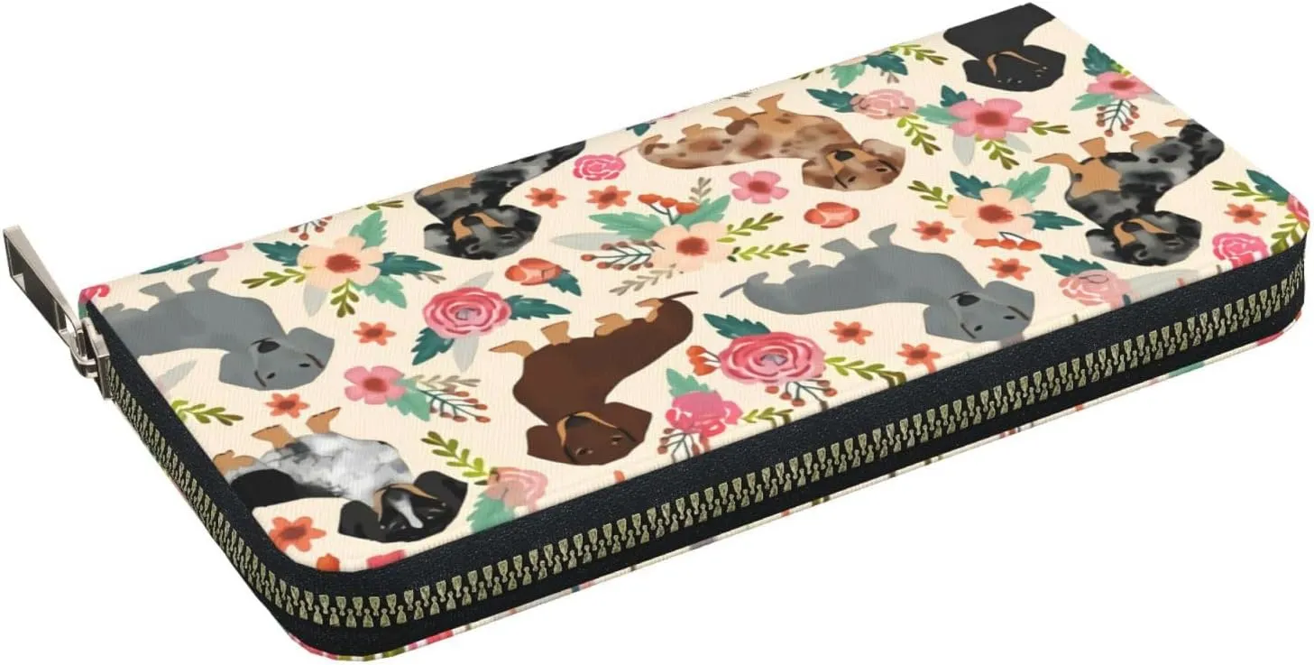 Dachshund Sausage Dogs Pink Flowers Print Wallet for Men Women Elegant Long Clutch Zip Around Travel Leather Coin Purse Large Capacity Credit Card Holder Handbag