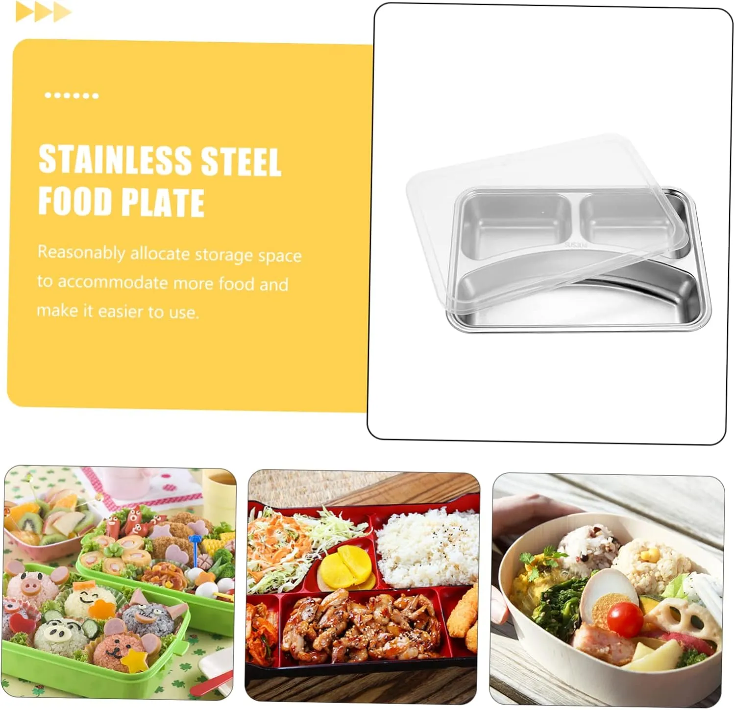 DECHOUS Stainless Steel 304 Meal Plate Divided Food Plate Lid Bento Tray for Adults