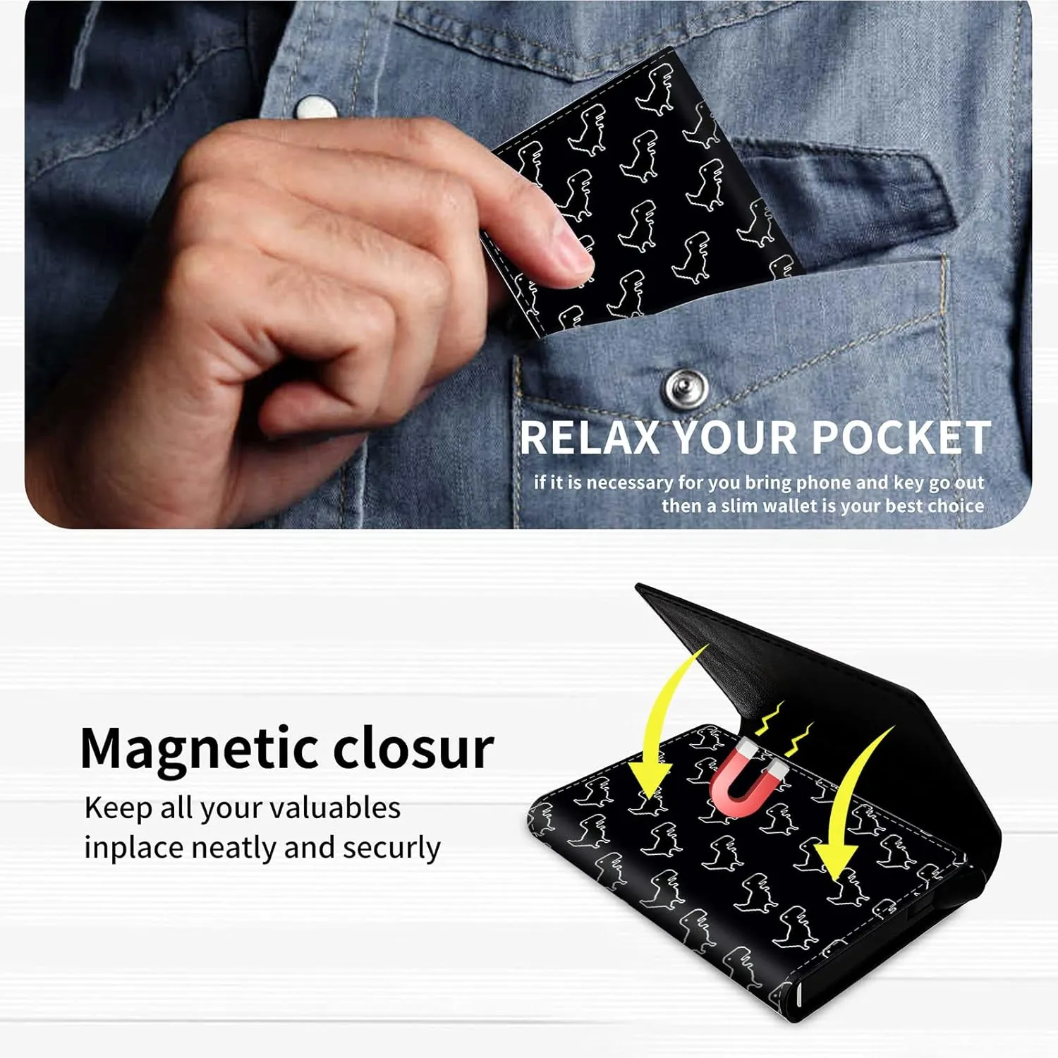 DEGDFSGR Credit Card Holder Aluminum Auto Pop Up Wallet Case,Leather Card Case Front Pocket Trifold Wallet with RFID Blocking Banknote Slot Thin Wallets for Women Men Girl,Dinosaur