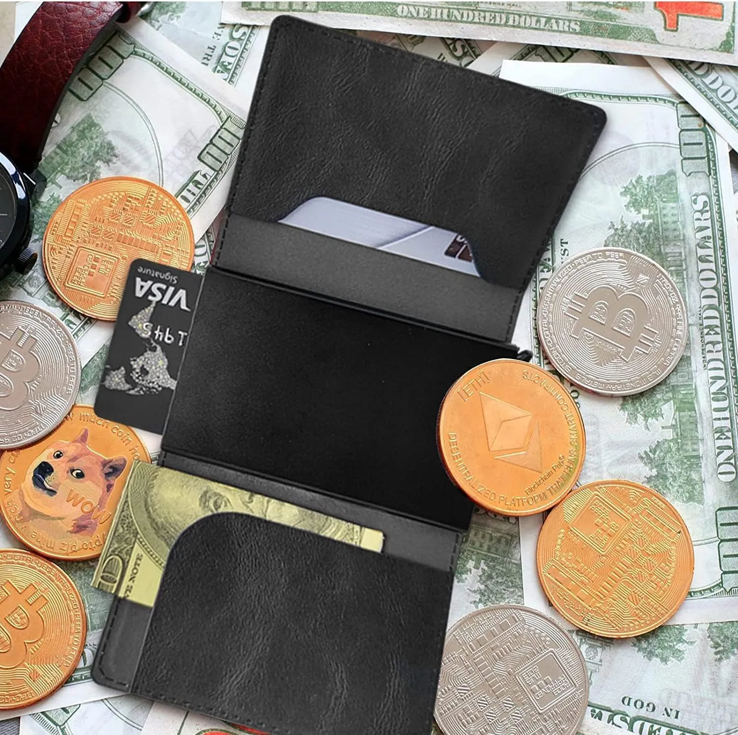 DEGDFSGR Credit Card Holder Aluminum Auto Pop Up Wallet Case,Leather Card Case Front Pocket Trifold Wallet with RFID Blocking Banknote Slot Thin Wallets for Women Men Girl,Dinosaur
