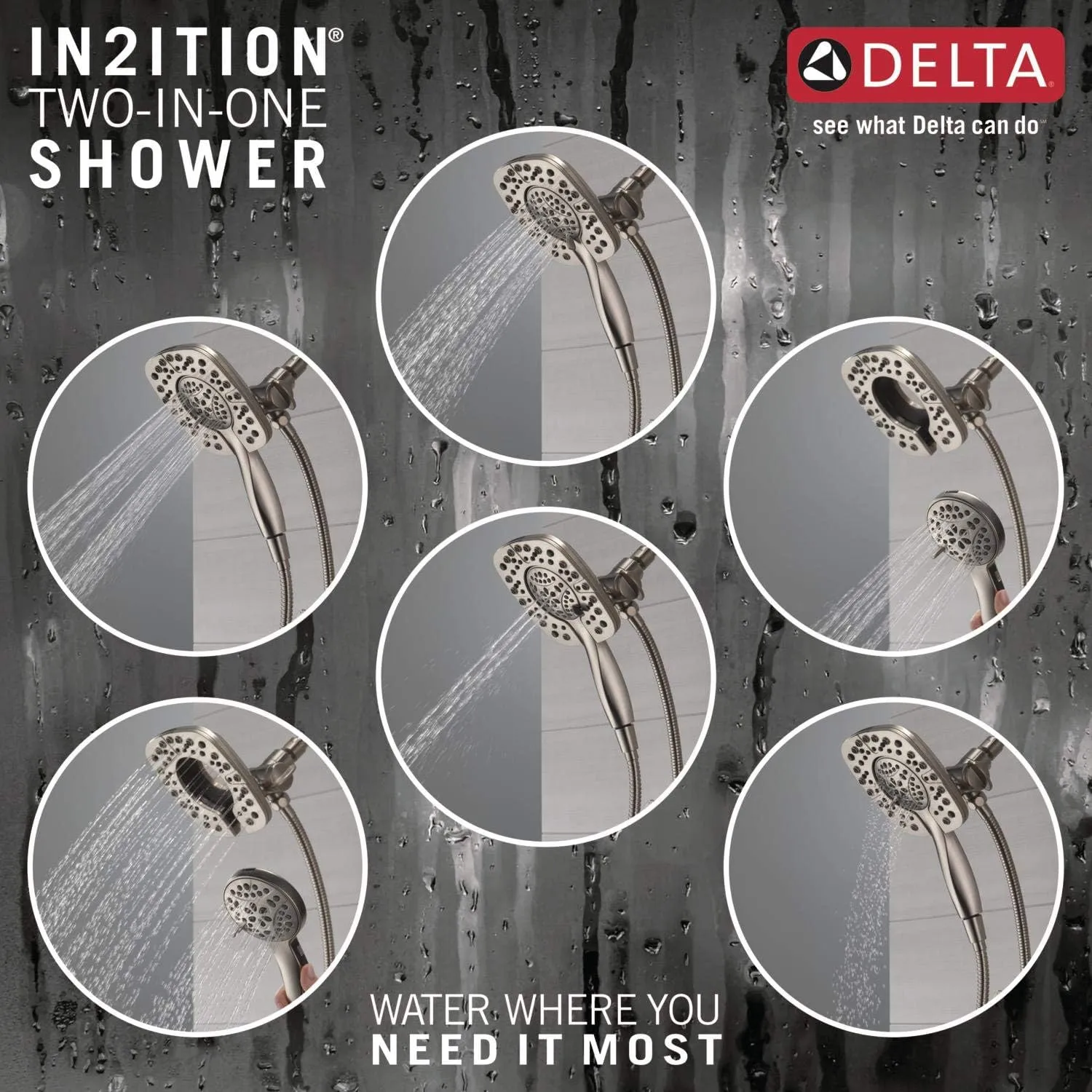 Delta Faucet 4-Spray In2ition Dual Shower Head with Handheld Spray, Brushed Nickel Shower Head with Hose, Showerheads & Handheld Showers, Handheld Shower Heads, Stainless 58498-SS