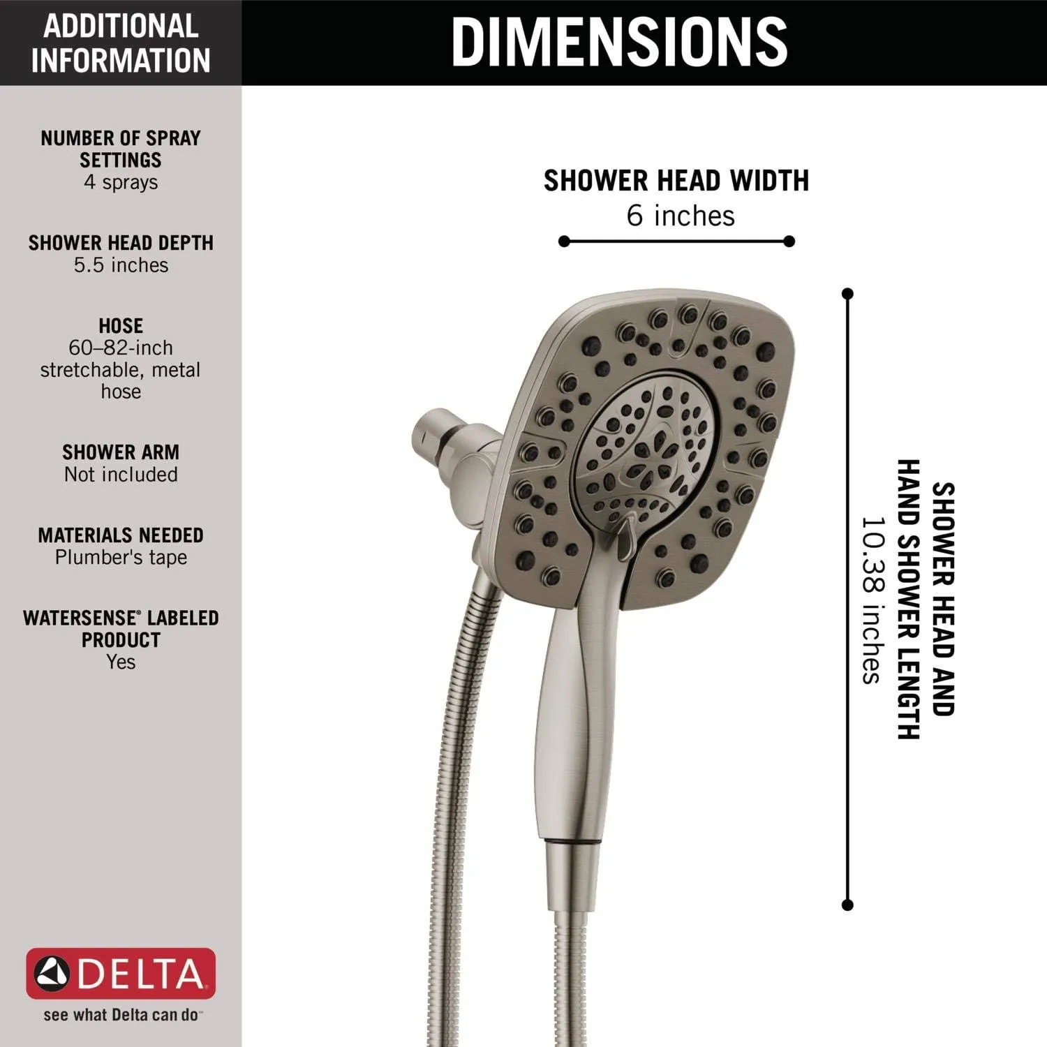 Delta Faucet 4-Spray In2ition Dual Shower Head with Handheld Spray, Brushed Nickel Shower Head with Hose, Showerheads & Handheld Showers, Handheld Shower Heads, Stainless 58498-SS