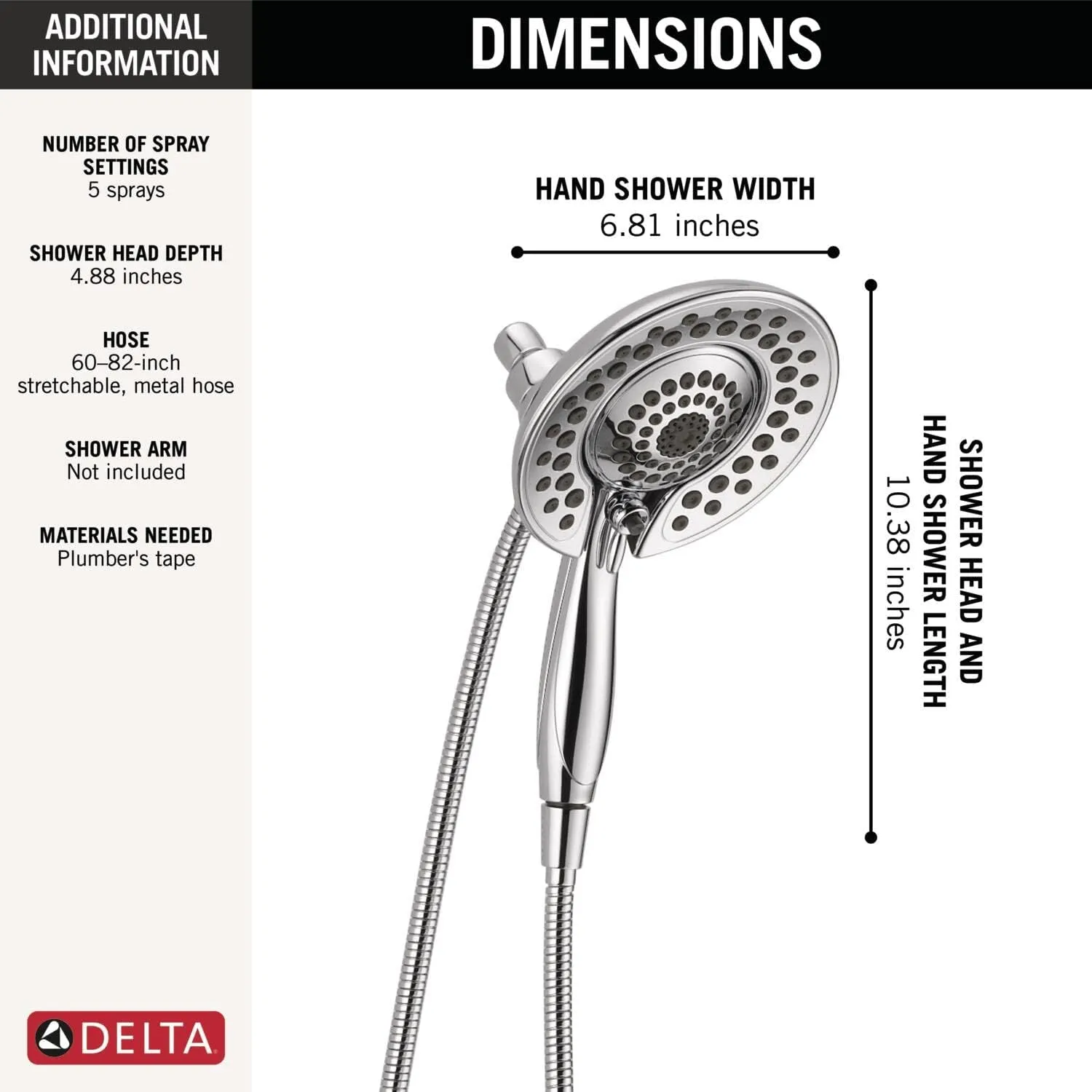 Delta Faucet 5-Spray In2ition 2-in-1 Dual Shower Head with HandHeld Spray, Chrome Hand Held Shower Head with Hose, Handheld Shower Heads, 2.5 GPM Shower Head, Lumicoat Chrome 58569-PR25-PK