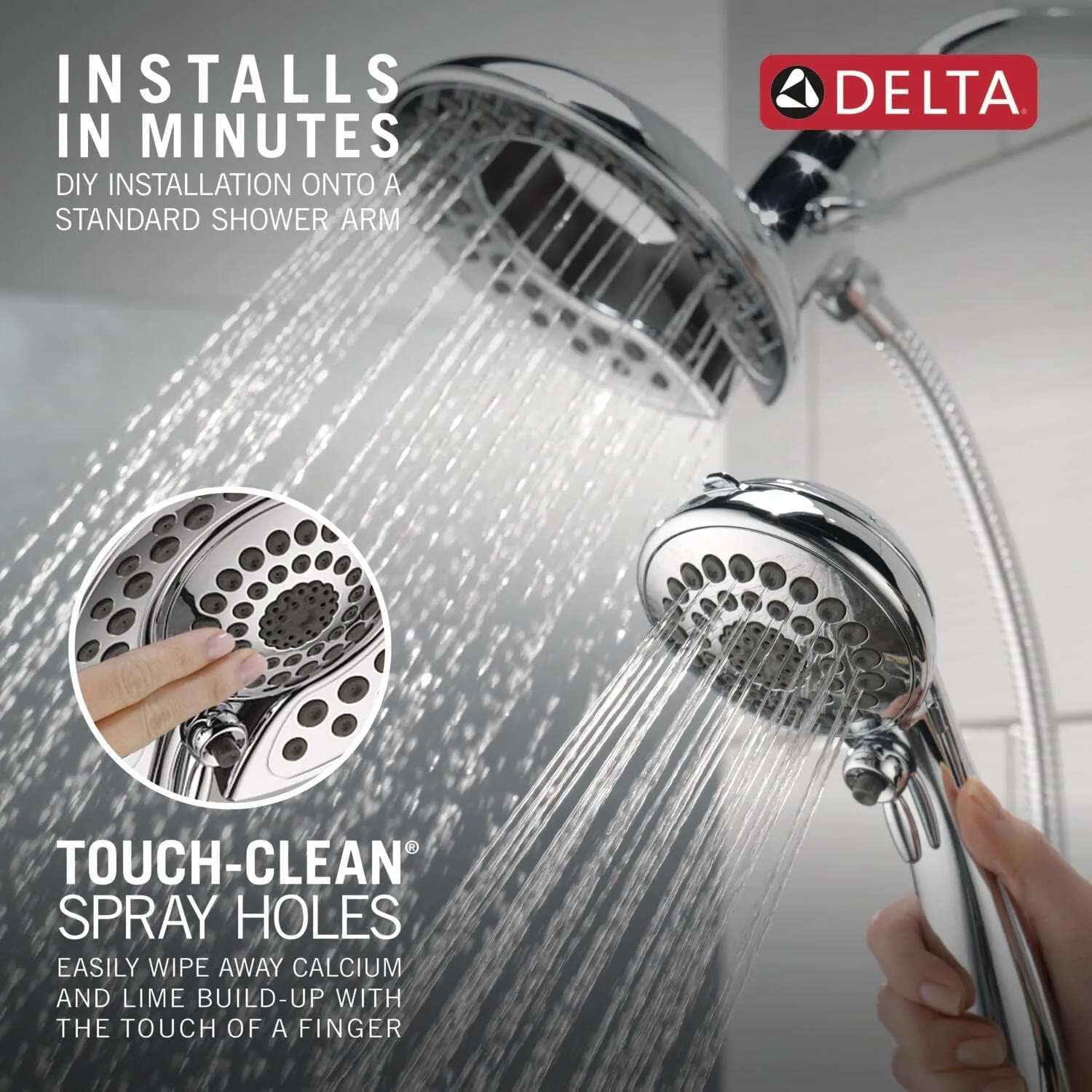 Delta Faucet 5-Spray In2ition 2-in-1 Dual Shower Head with HandHeld Spray, Chrome Hand Held Shower Head with Hose, Handheld Shower Heads, 2.5 GPM Shower Head, Lumicoat Chrome 58569-PR25-PK