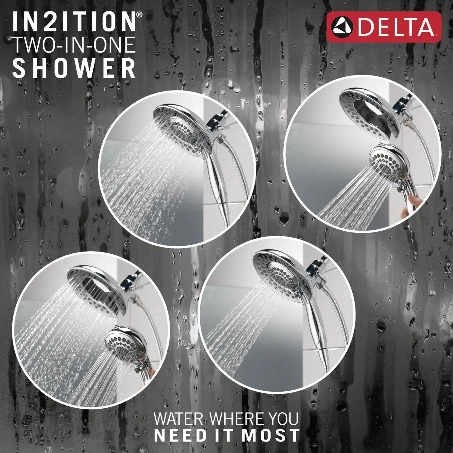Delta Faucet 5-Spray In2ition 2-in-1 Dual Shower Head with HandHeld Spray, Chrome Hand Held Shower Head with Hose, Handheld Shower Heads, 2.5 GPM Shower Head, Lumicoat Chrome 58569-PR25-PK