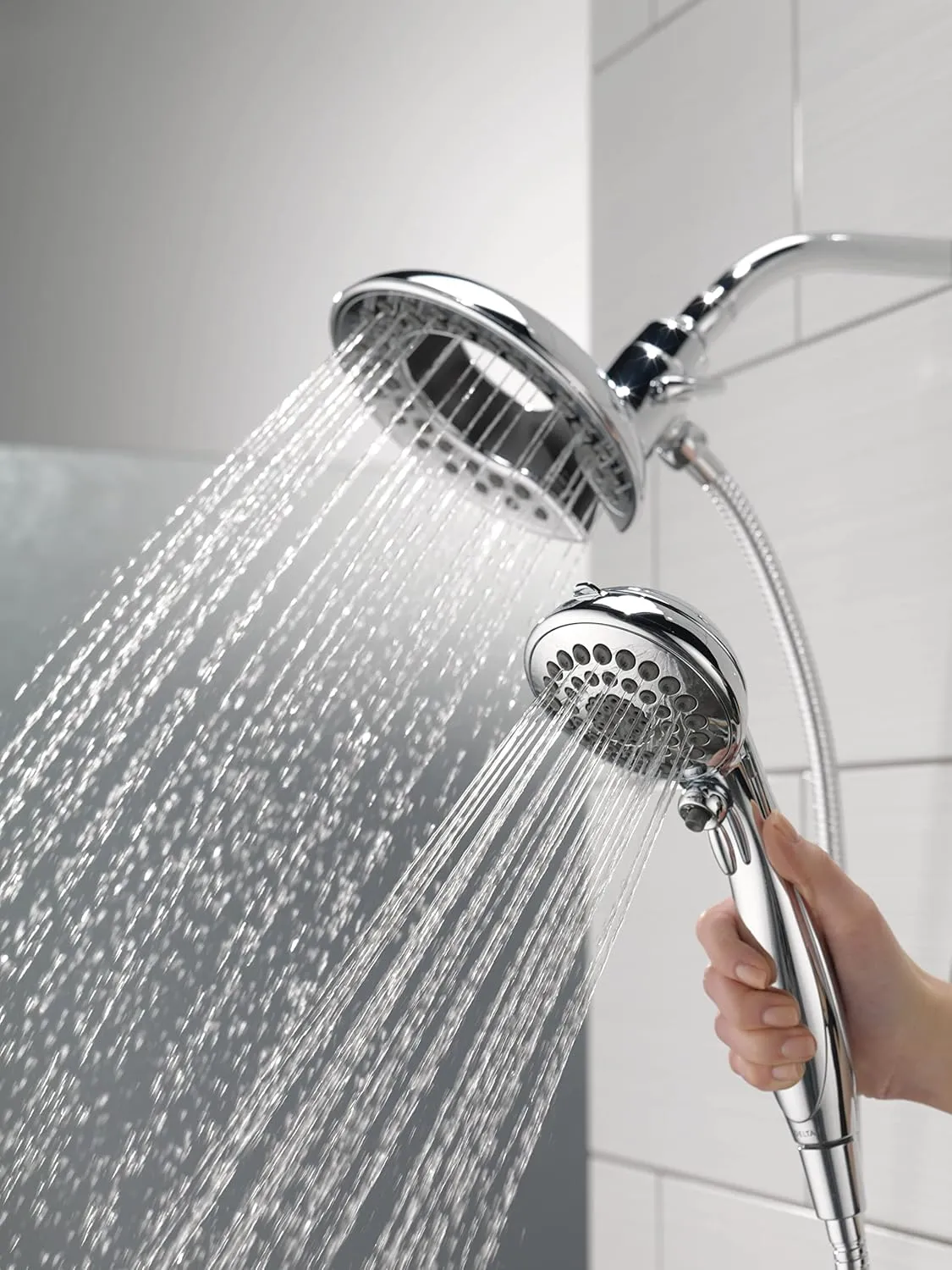 Delta Faucet 5-Spray In2ition 2-in-1 Dual Shower Head with HandHeld Spray, Chrome Hand Held Shower Head with Hose, Handheld Shower Heads, 2.5 GPM Shower Head, Lumicoat Chrome 58569-PR25-PK