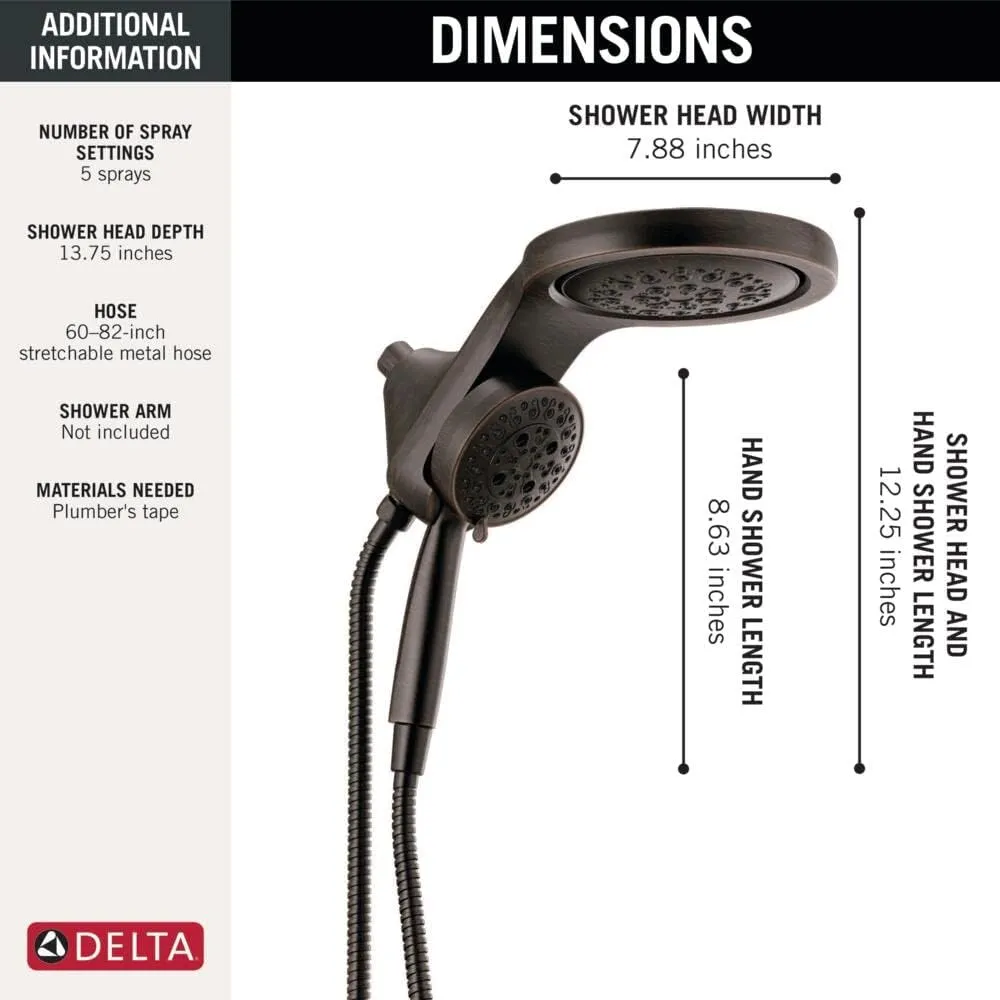 Delta Faucet HydroRain 5-Spray H2Okinetic Dual Shower Head with Handheld Spray, Oil Rubbed Bronze Shower Head with Hose, Handheld Shower Heads, 2.5 GPM Flow Rate, Venetian Bronze 58680-RB25