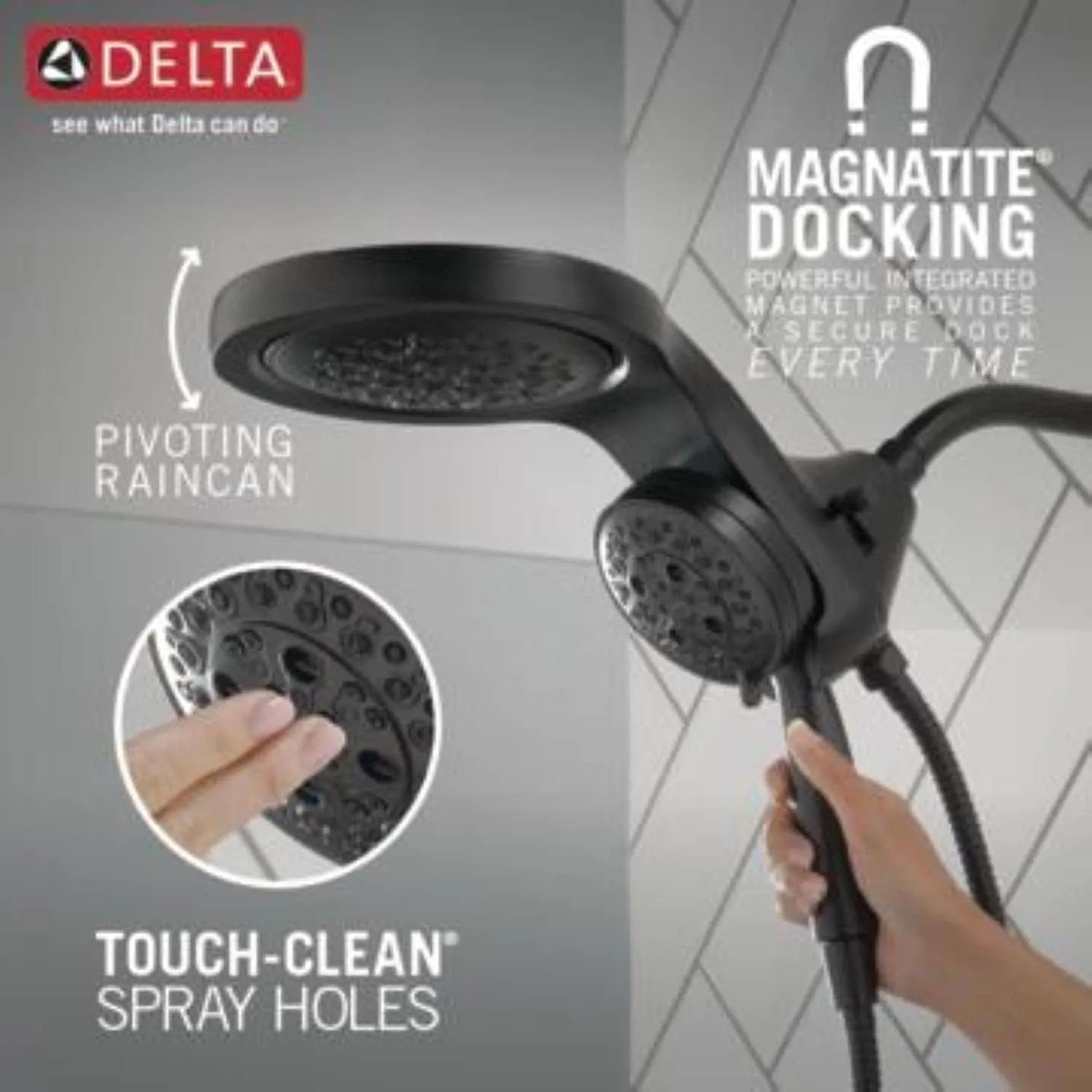 Delta Faucet HydroRain H2Okinetic Dual Shower Head with Handheld 5-Spray, Hose, Detachable Shower Head, 2.5 GPM Flow Rate, Matte Black 58680-BL25