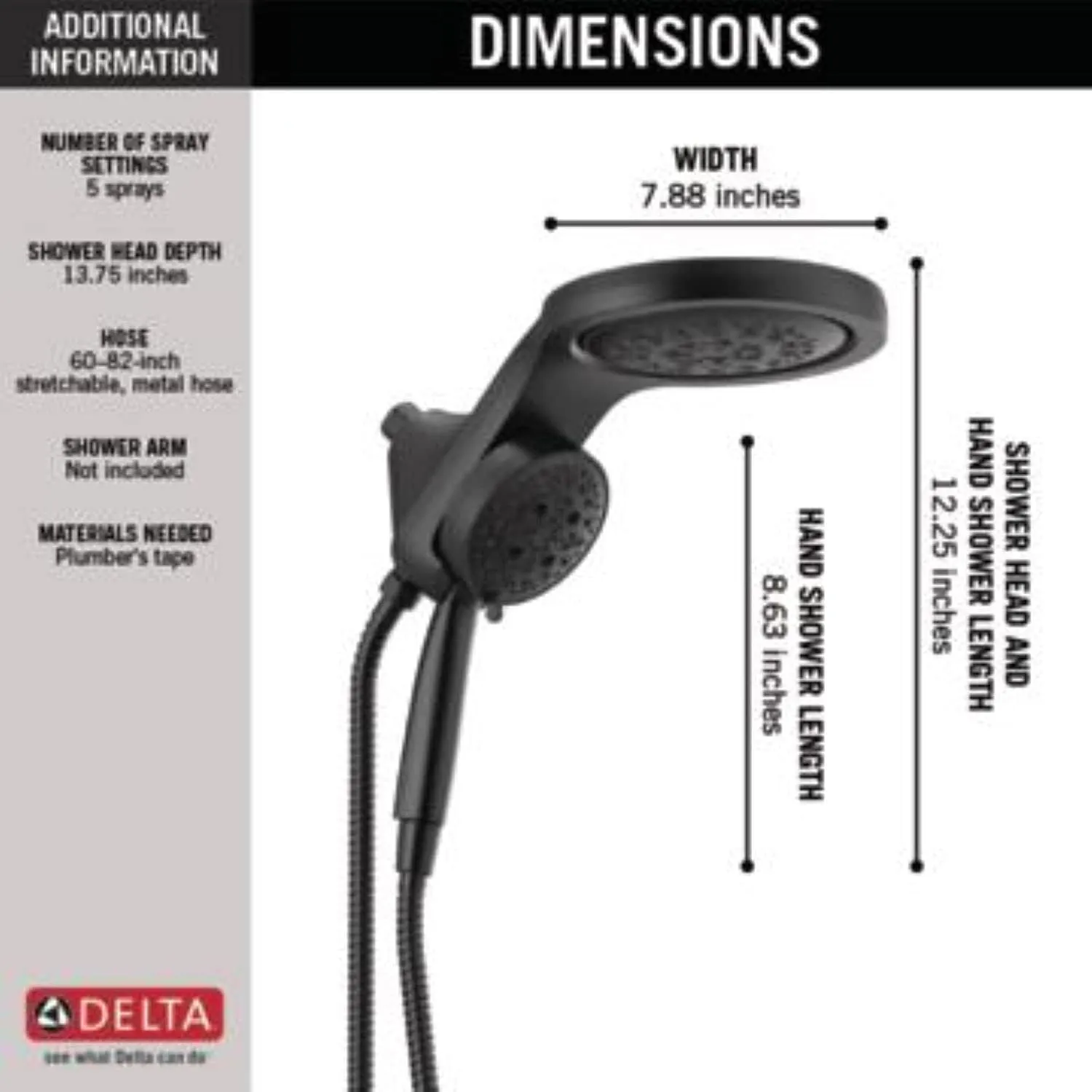 Delta Faucet HydroRain H2Okinetic Dual Shower Head with Handheld 5-Spray, Hose, Detachable Shower Head, 2.5 GPM Flow Rate, Matte Black 58680-BL25