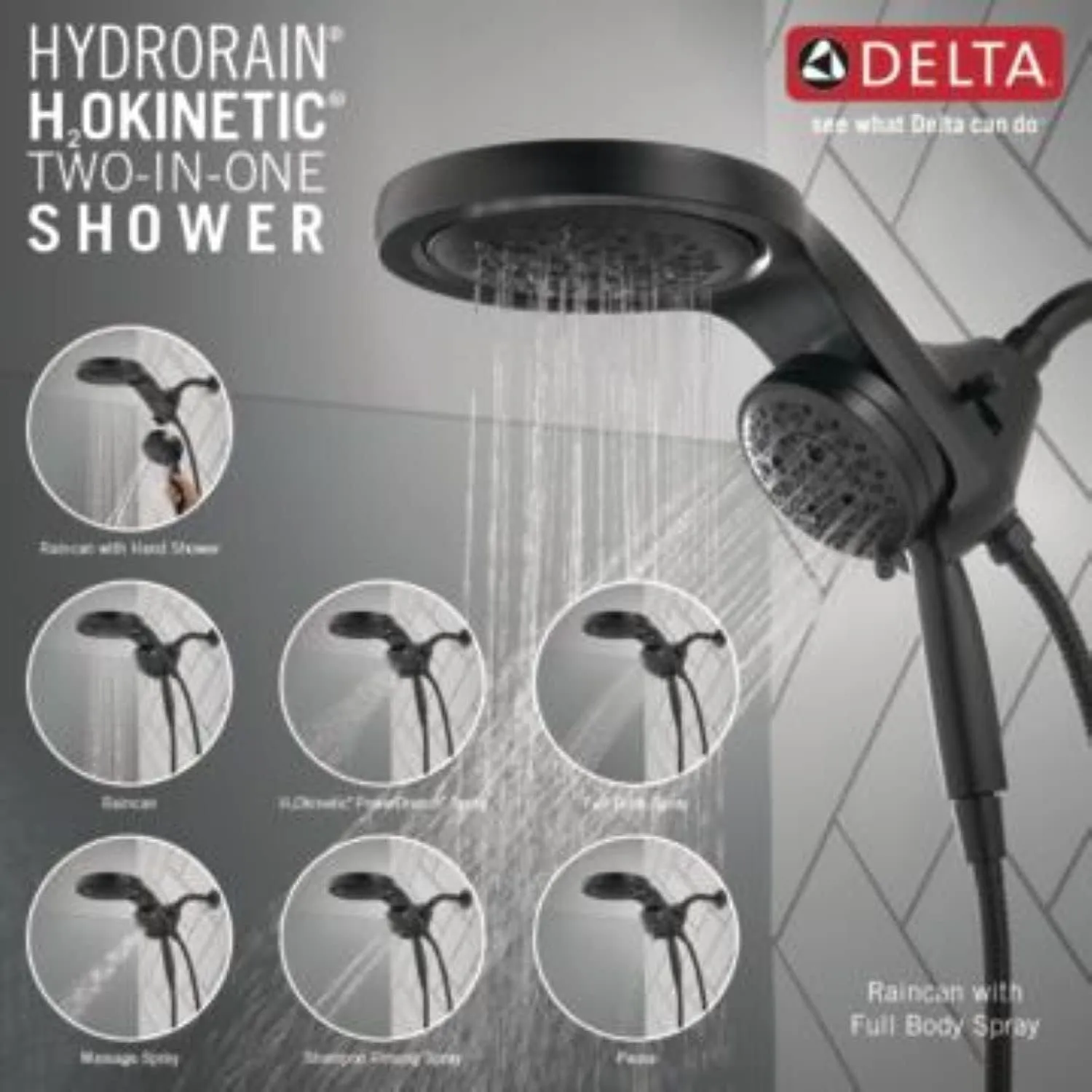 Delta Faucet HydroRain H2Okinetic Dual Shower Head with Handheld 5-Spray, Hose, Detachable Shower Head, 2.5 GPM Flow Rate, Matte Black 58680-BL25