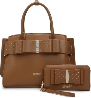 Designer Ribbon Romance Tote Handbag with Rhinestones Bling Top Handle Handheld and Wallet Set for Women with Shoulder Strap