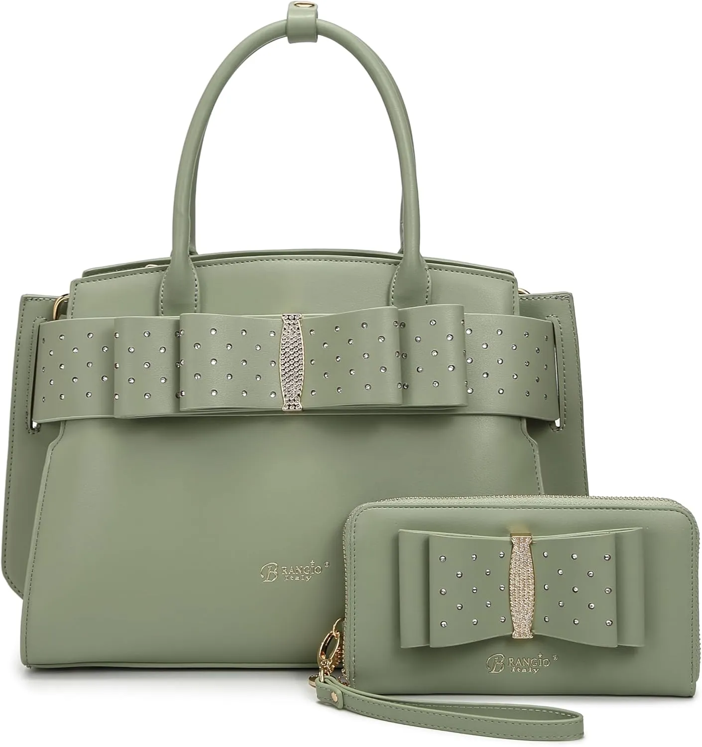 Designer Ribbon Romance Tote Handbag with Rhinestones Bling Top Handle Handheld and Wallet Set for Women with Shoulder Strap