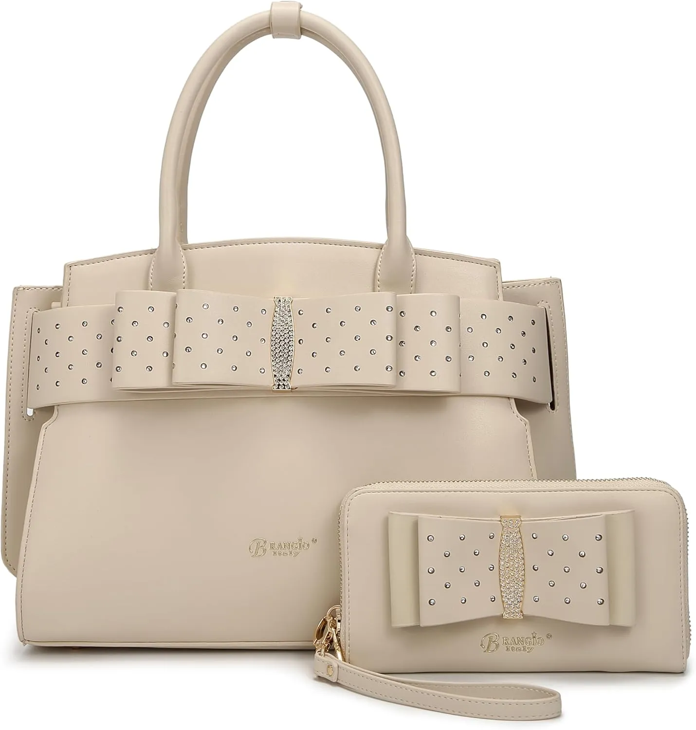 Designer Ribbon Romance Tote Handbag with Rhinestones Bling Top Handle Handheld and Wallet Set for Women with Shoulder Strap