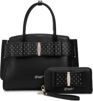 Designer Ribbon Romance Tote Handbag with Rhinestones Bling Top Handle Handheld and Wallet Set for Women with Shoulder Strap