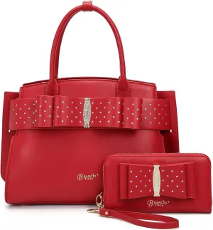 Designer Ribbon Romance Tote Handbag with Rhinestones Bling Top Handle Handheld and Wallet Set for Women with Shoulder Strap