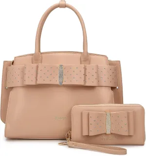 Designer Ribbon Romance Tote Handbag with Rhinestones Bling Top Handle Handheld and Wallet Set for Women with Shoulder Strap
