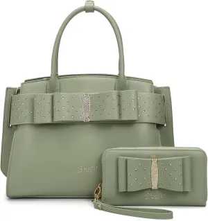 Designer Ribbon Romance Tote Handbag with Rhinestones Bling Top Handle Handheld and Wallet Set for Women with Shoulder Strap
