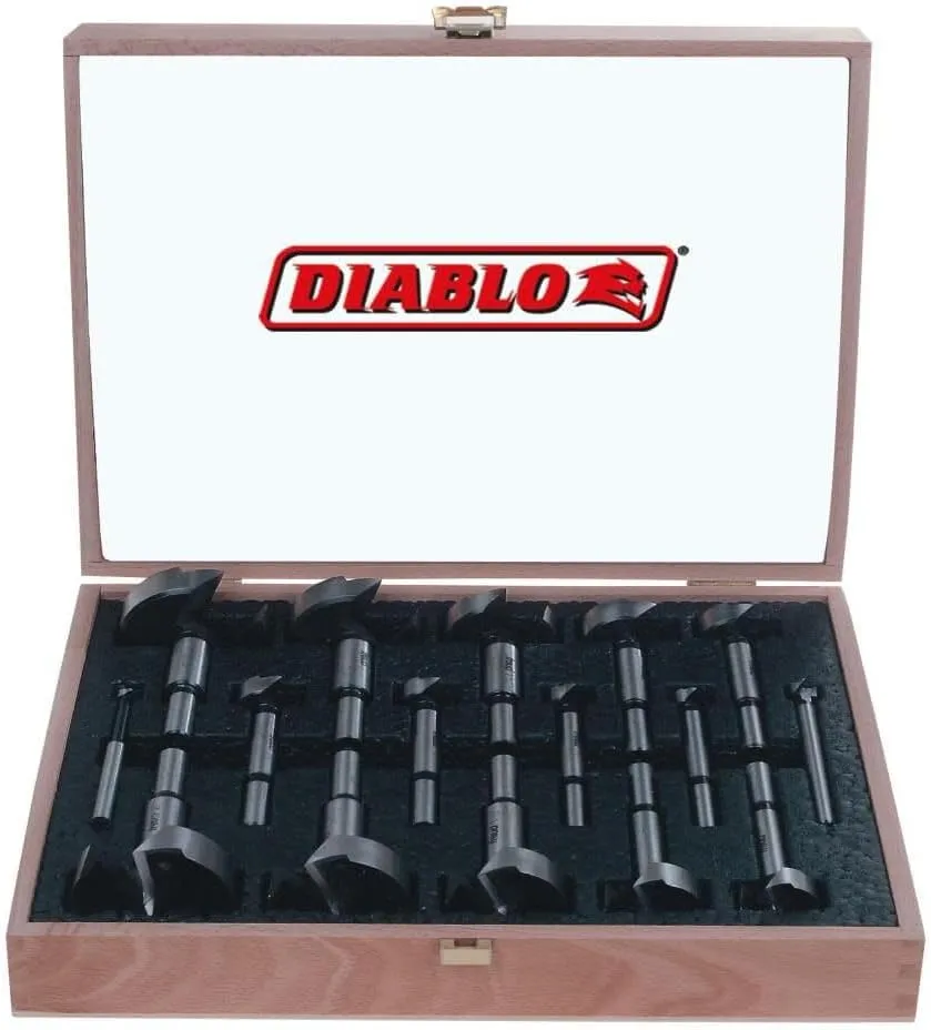Diablo's High-Speed Steel Forstner Bit Drill Set - Ideal for All Types of Wood - 1/4" to 2-1/8" Diameter, 1/4" to 3/8" Shank, 3-1/2" Length, 19 Pieces - FB-100