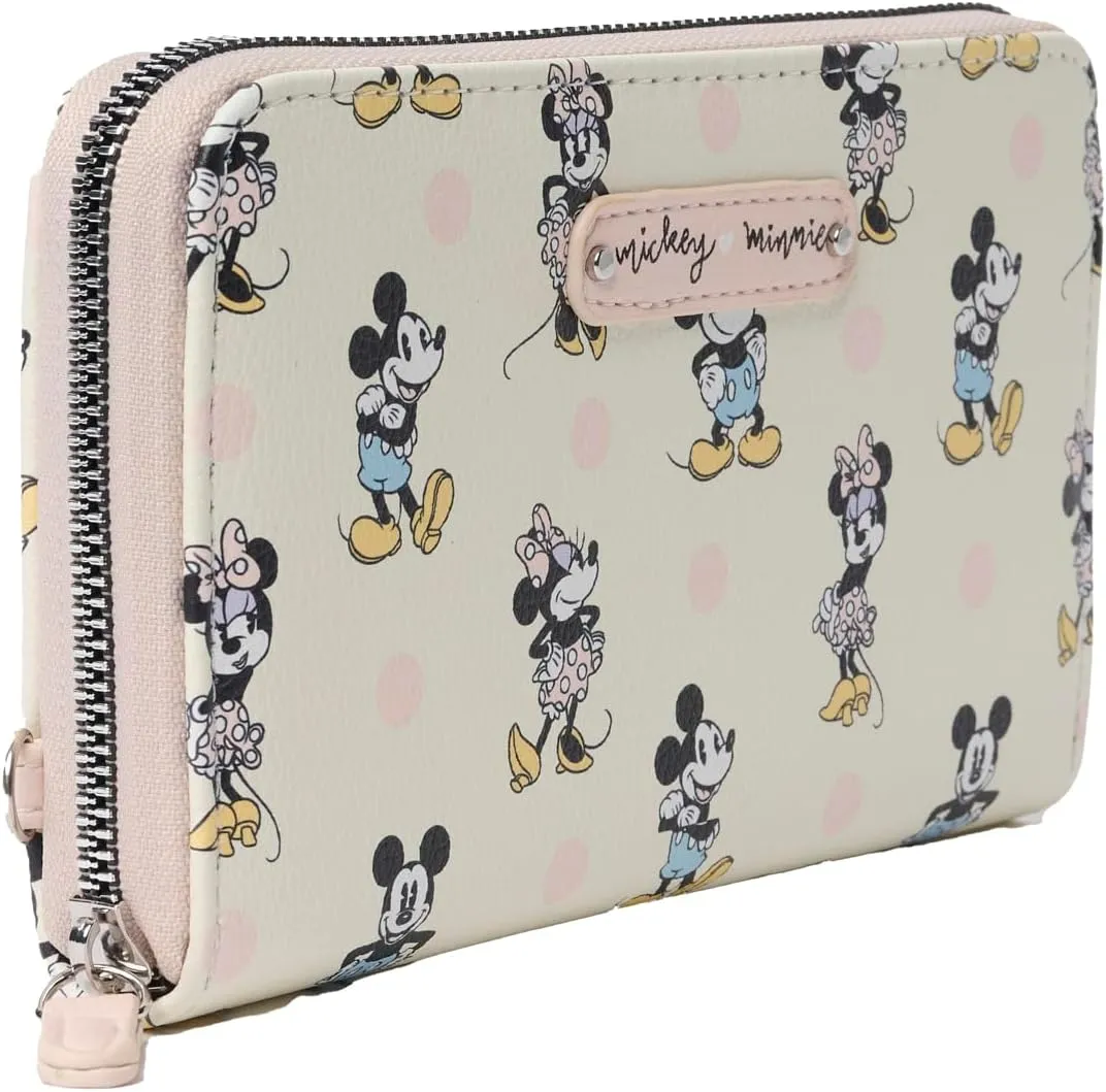 Disney Wallet Wristlet Zip Clutch Faux Leather (Mickey Minnie Mouse Off White)