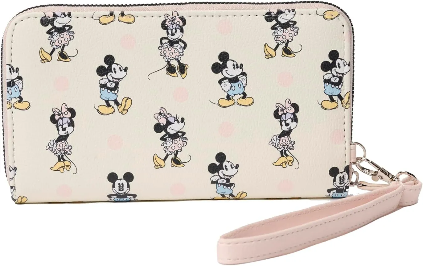 Disney Wallet Wristlet Zip Clutch Faux Leather (Mickey Minnie Mouse Off White)