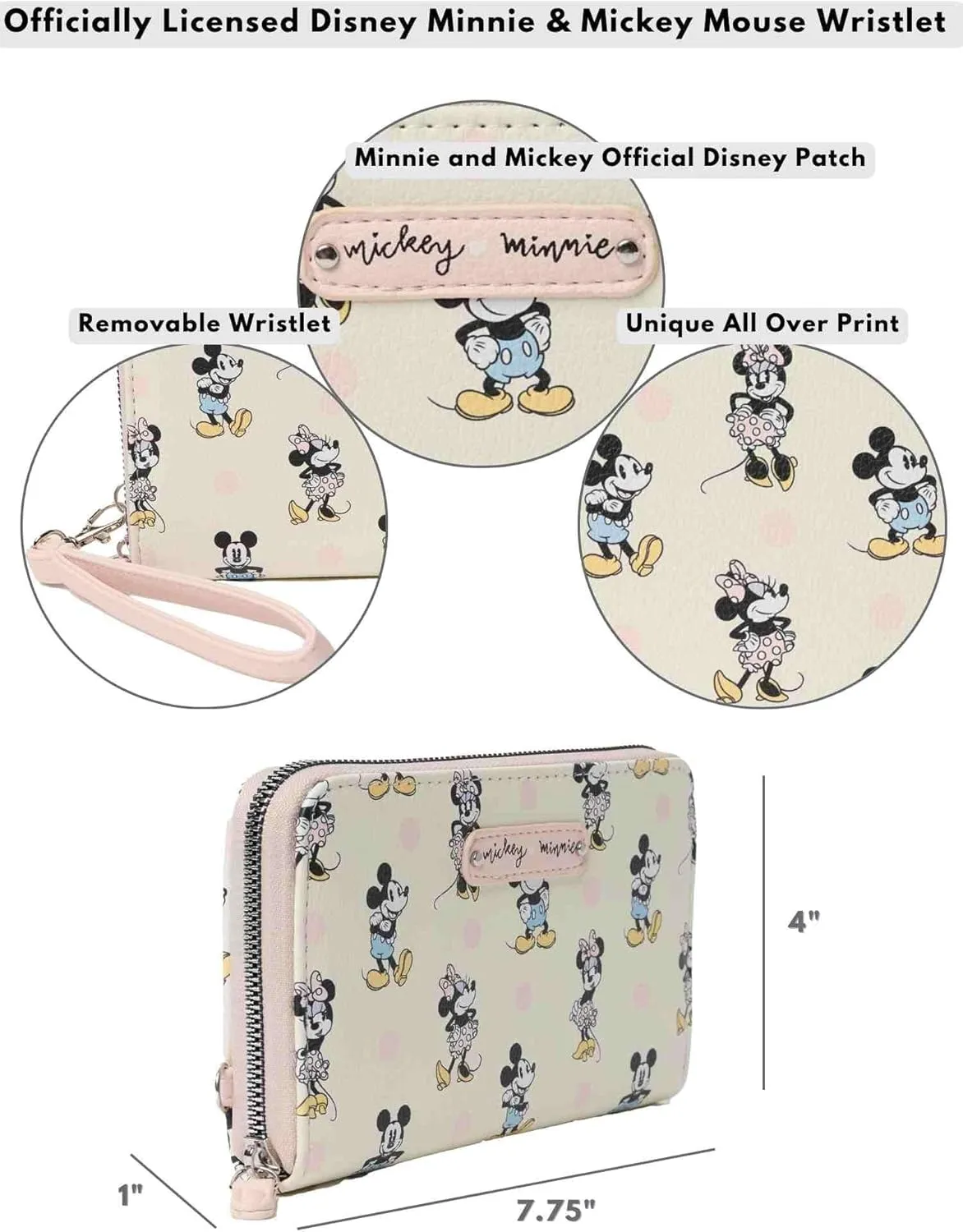 Disney Wallet Wristlet Zip Clutch Faux Leather (Mickey Minnie Mouse Off White)