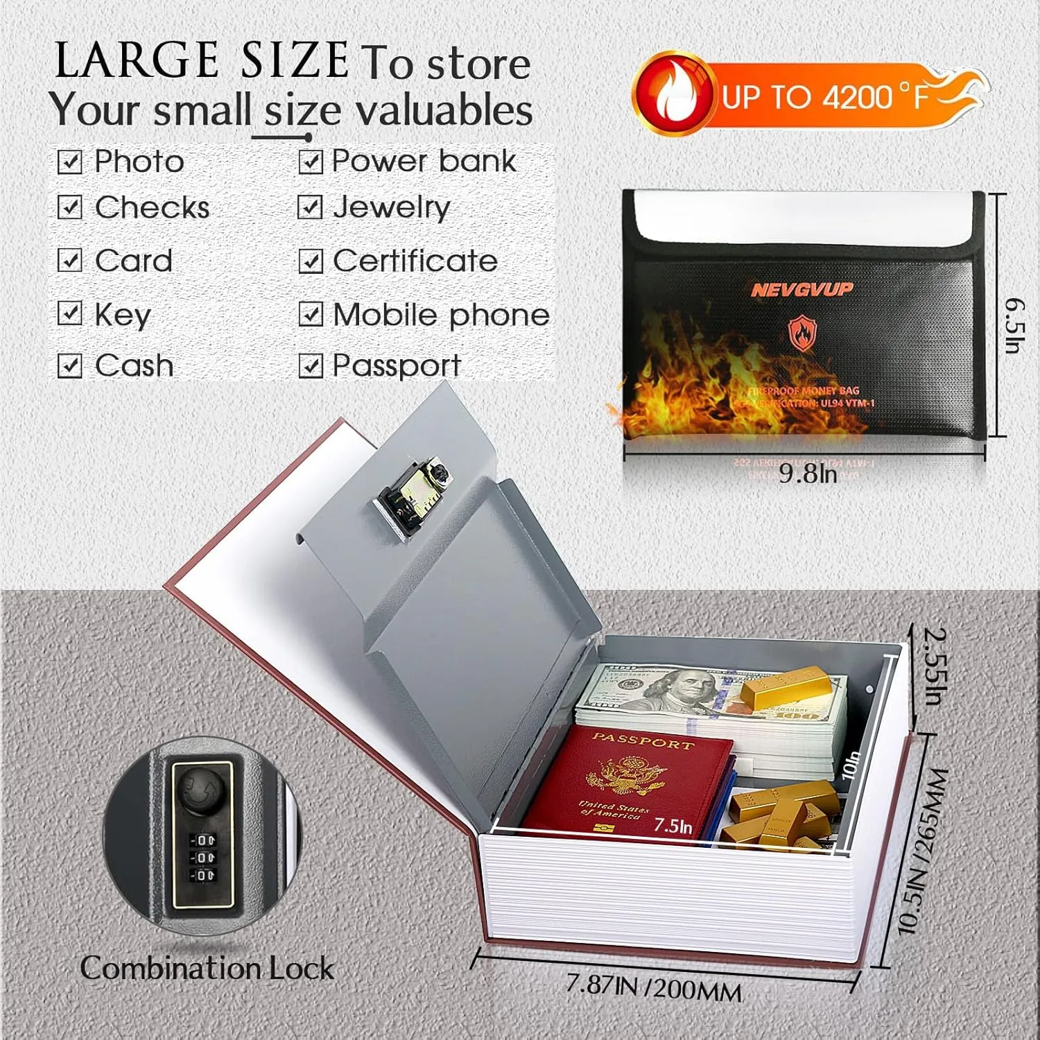 Diversion Book Safe with 4200°F Fireproof Money Bag and Combination Lock, 10.5" x 7.9" x 2.5" Fake Book Hidden Storage Safe, Hollow Secret Portable Metal Storage Box for Cash, Valuables - Easter Bible