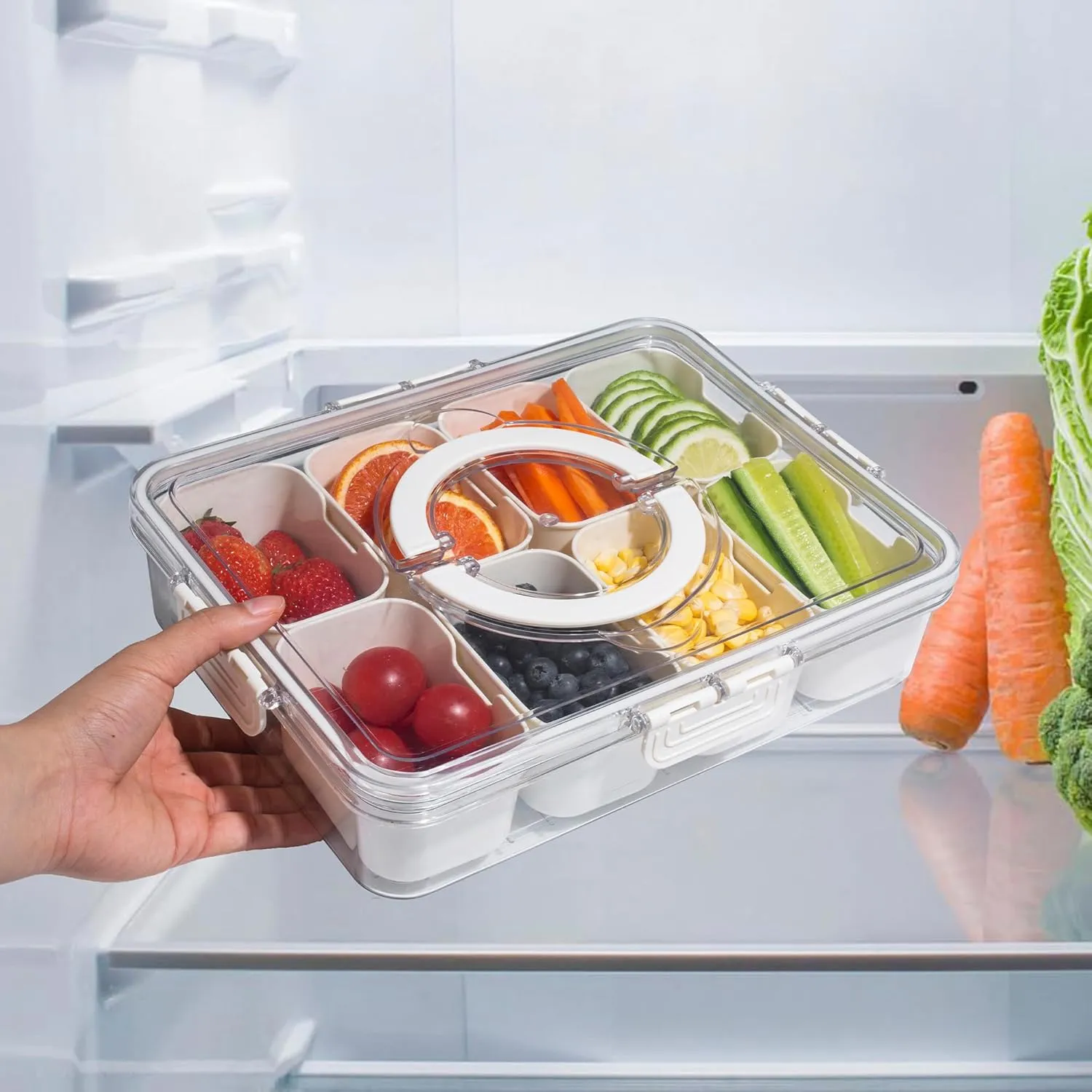Divided Snack Serving Tray with Lid and Handle travel Snackle Box Charcuterie Container Portable Storage Organizer for Candy, Fruits, Nuts, Snacks 1Pack White