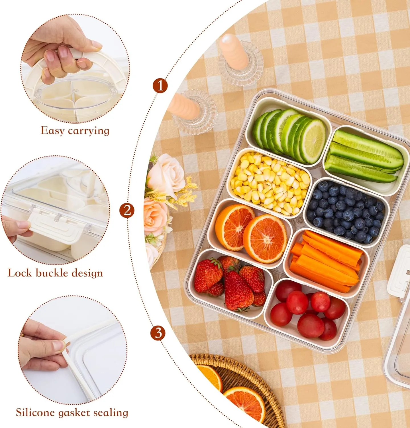 Divided Snack Serving Tray with Lid and Handle travel Snackle Box Charcuterie Container Portable Storage Organizer for Candy, Fruits, Nuts, Snacks 1Pack White