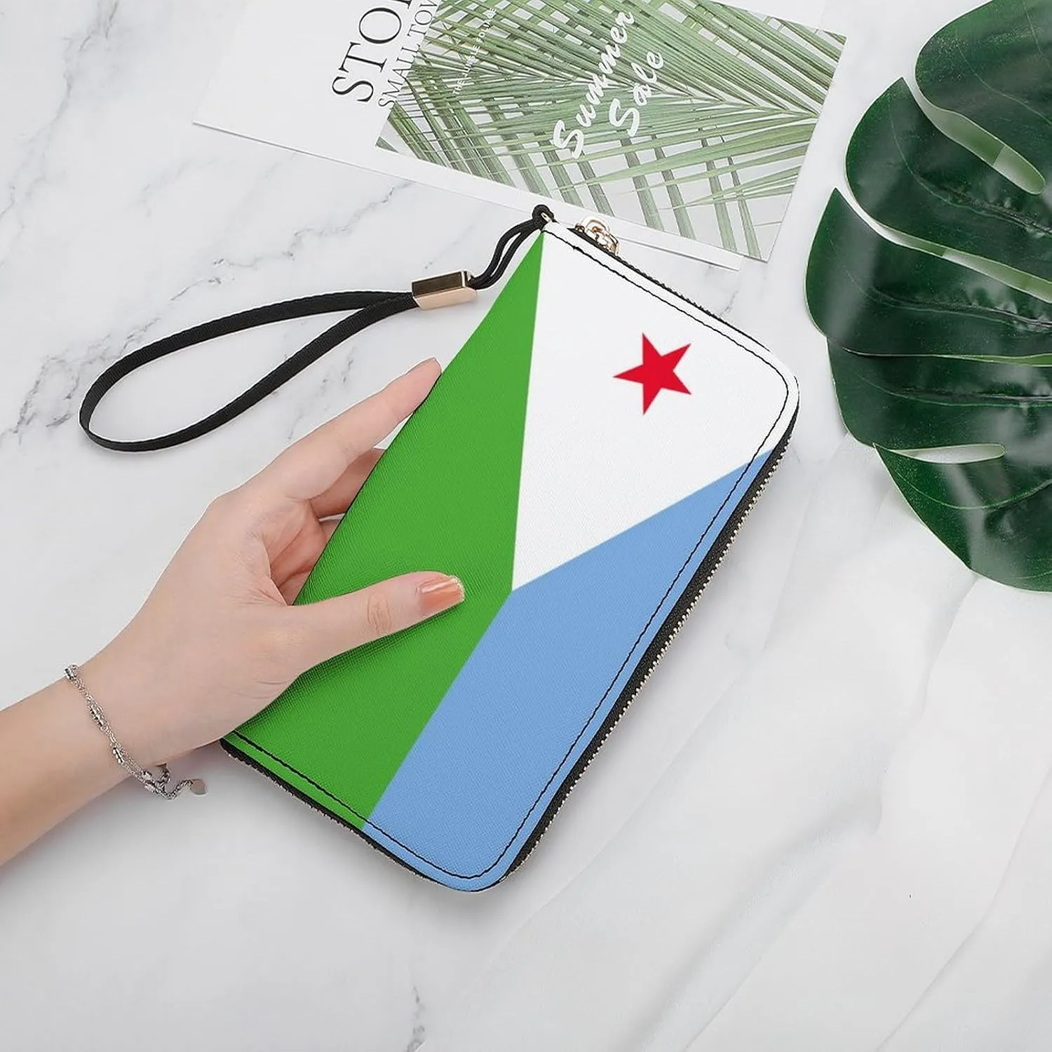 Djibouti Flag Wallet Long Zipper Purse with Removable Wristlet Women Men Stylish Travel Clutch