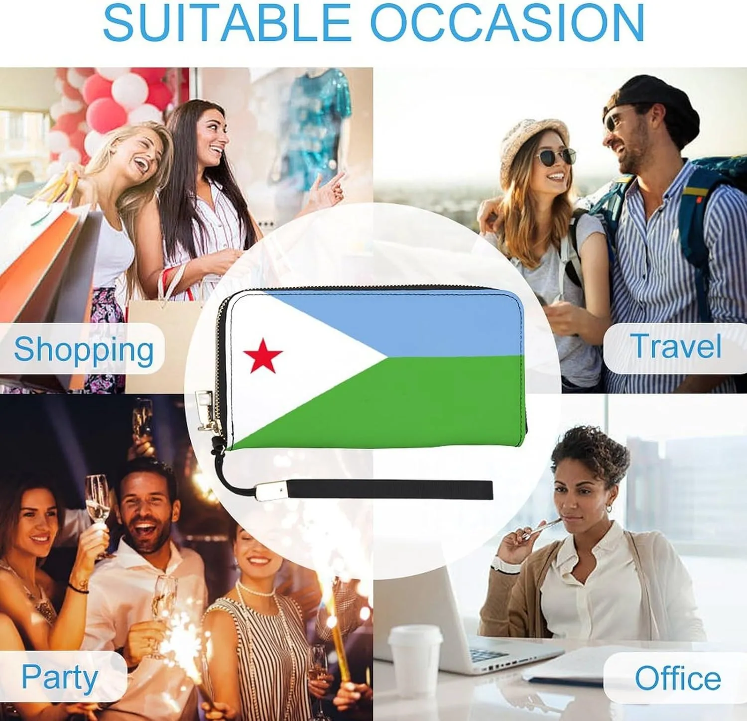 Djibouti Flag Wallet Long Zipper Purse with Removable Wristlet Women Men Stylish Travel Clutch