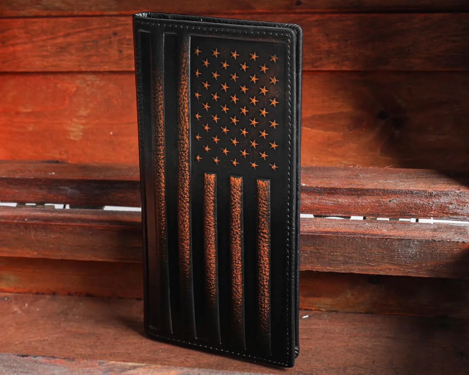 DK86 USA Flag Long Wallet For Men Full Grain Leather with Hand Burnished Rfid Blocking Rodeo Wallet Bifold Wallet American Flag Wallet
