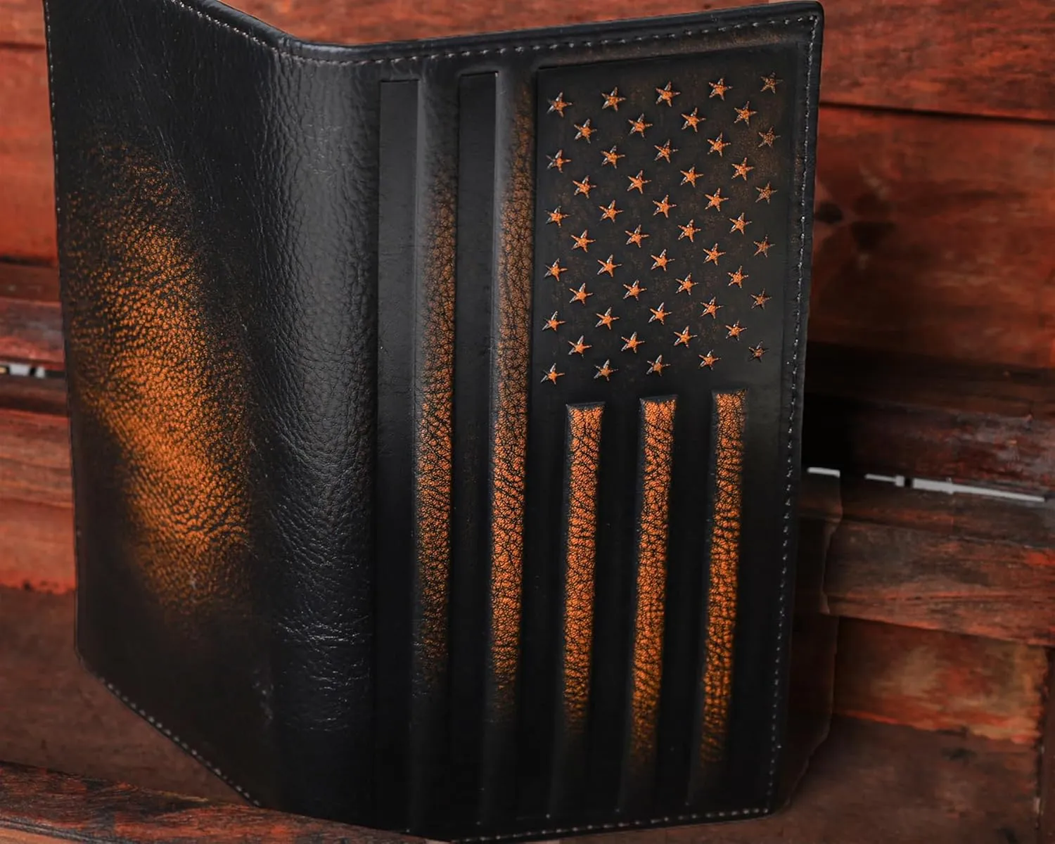 DK86 USA Flag Long Wallet For Men Full Grain Leather with Hand Burnished Rfid Blocking Rodeo Wallet Bifold Wallet American Flag Wallet