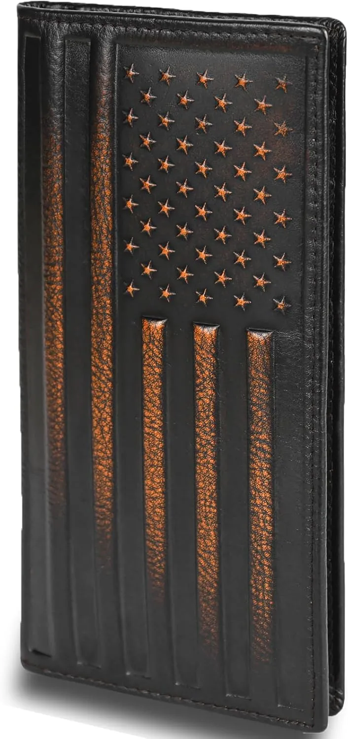 DK86 USA Flag Long Wallet For Men Full Grain Leather with Hand Burnished Rfid Blocking Rodeo Wallet Bifold Wallet American Flag Wallet