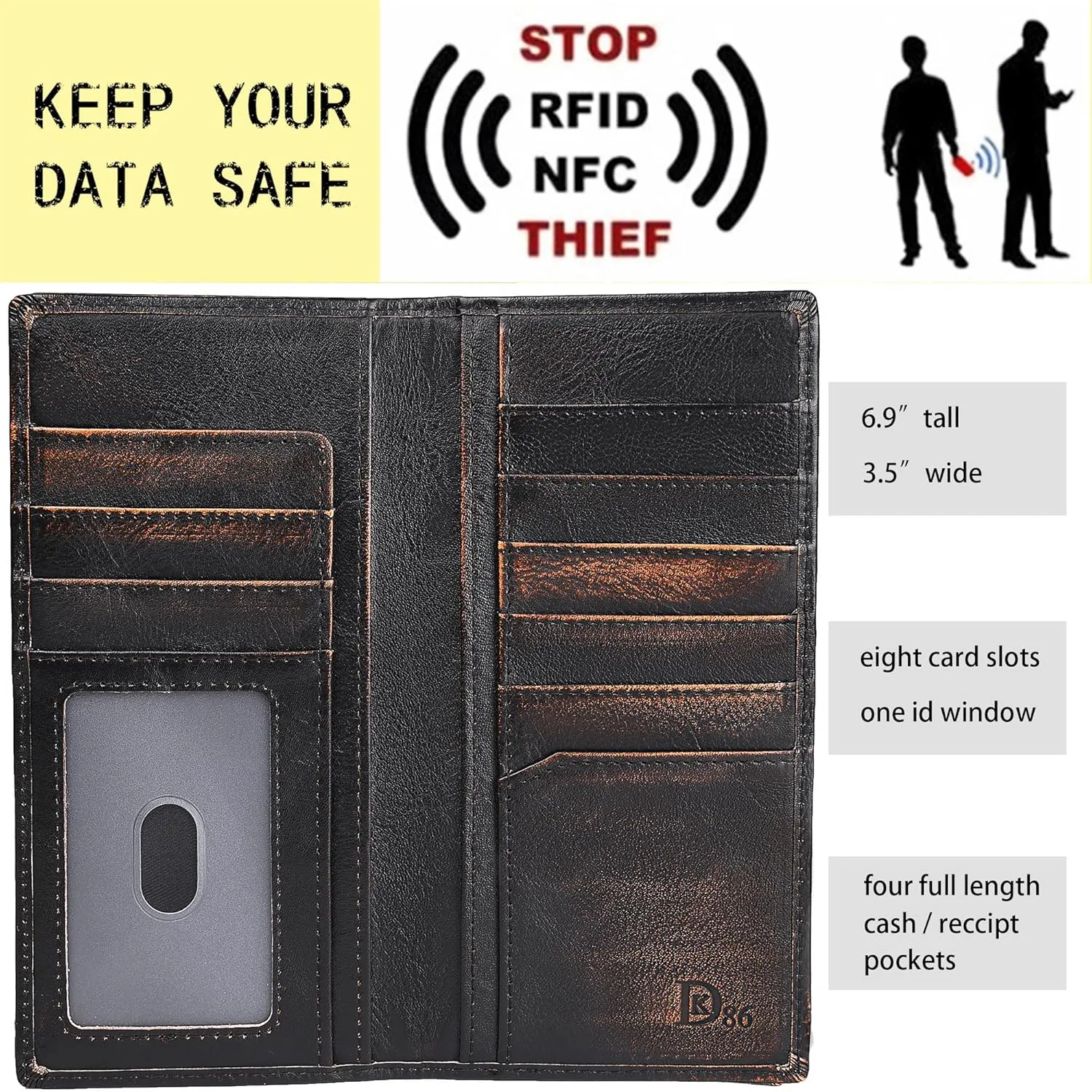 DK86 USA Flag Long Wallet For Men Full Grain Leather with Hand Burnished Rfid Blocking Rodeo Wallet Bifold Wallet American Flag Wallet