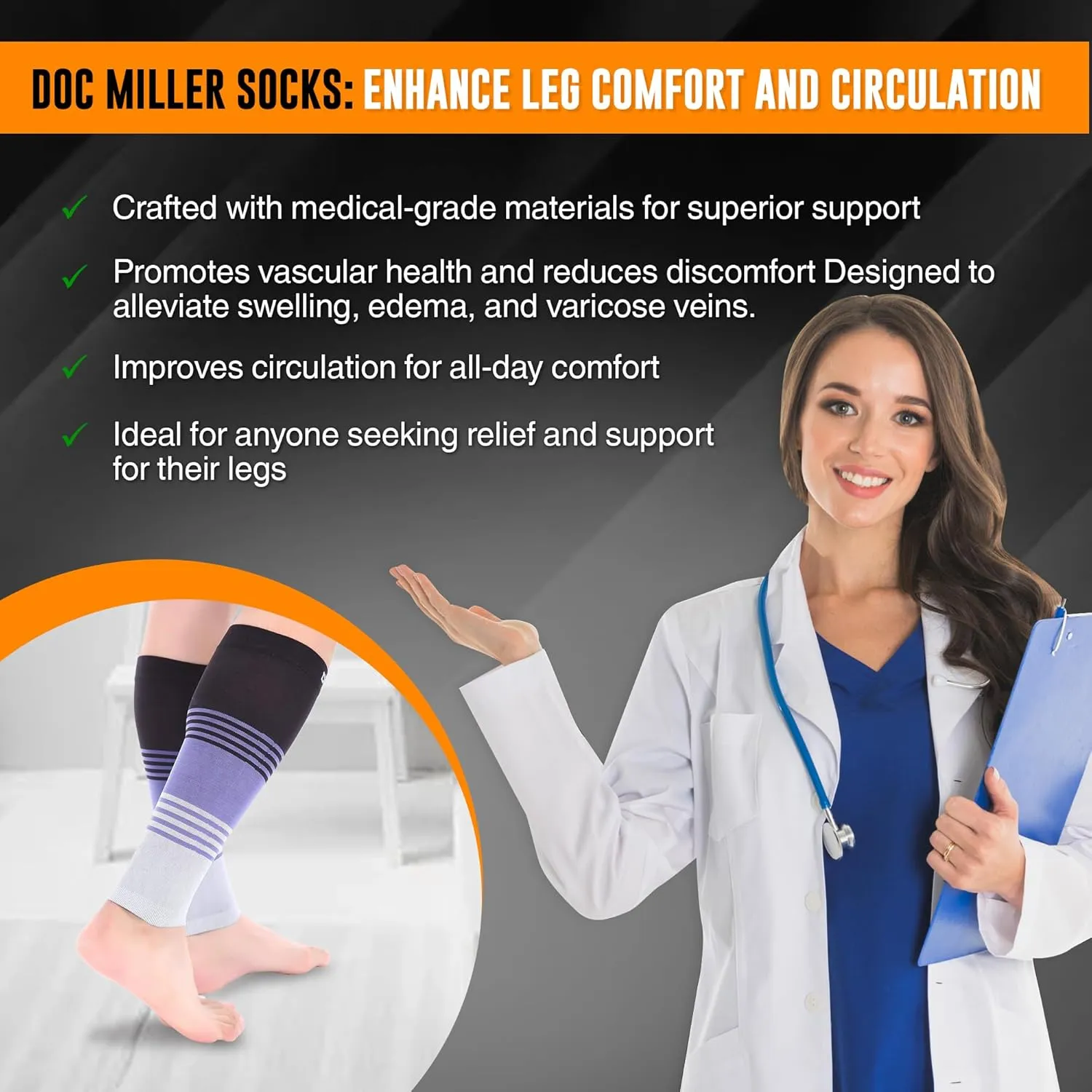 Doc Miller Compression Calf Sleeve for Men & Women, Medical Grade, 20-30mmHg Graduated Support for Running, Calf Tear, Shin Splints, Knee High, Calf Sleeves, Stripes Design, Large,1 Pair