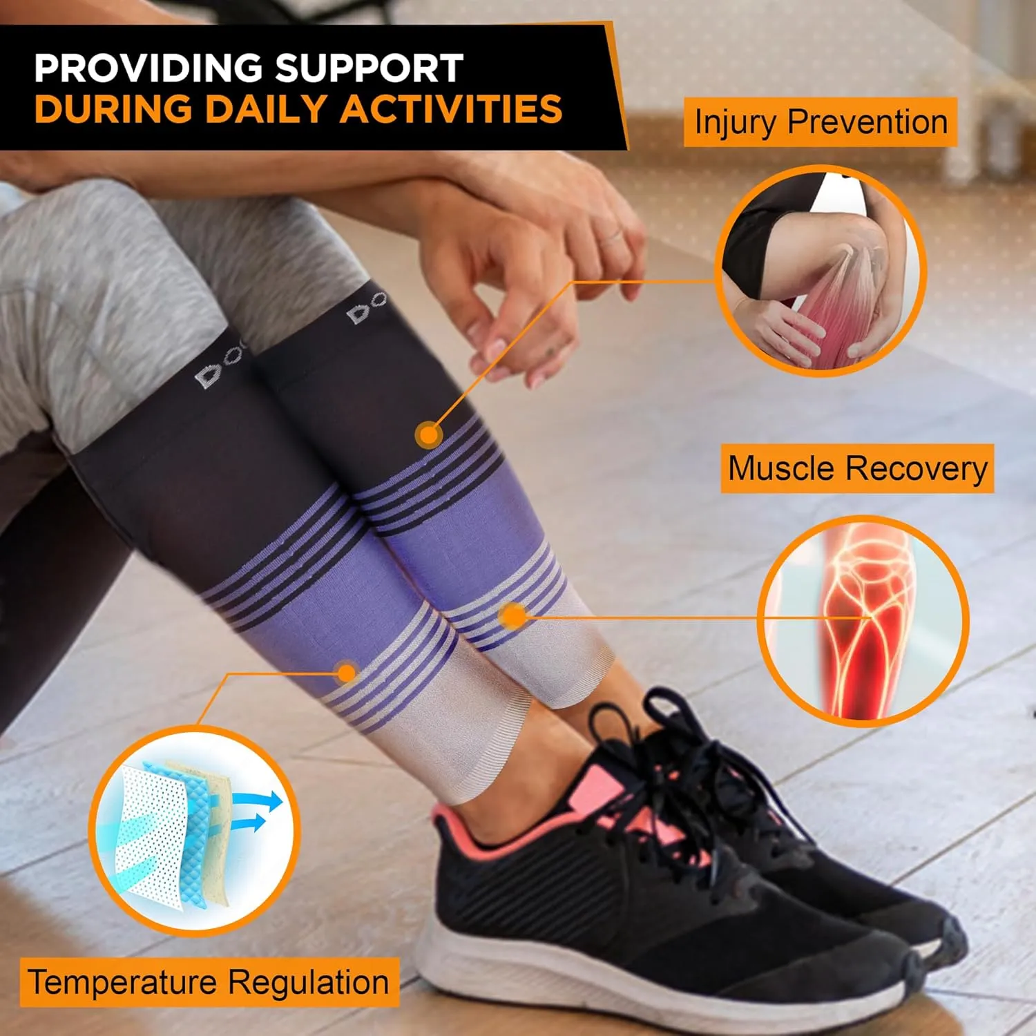 Doc Miller Compression Calf Sleeve for Men & Women, Medical Grade, 20-30mmHg Graduated Support for Running, Calf Tear, Shin Splints, Knee High, Calf Sleeves, Stripes Design, Large,1 Pair