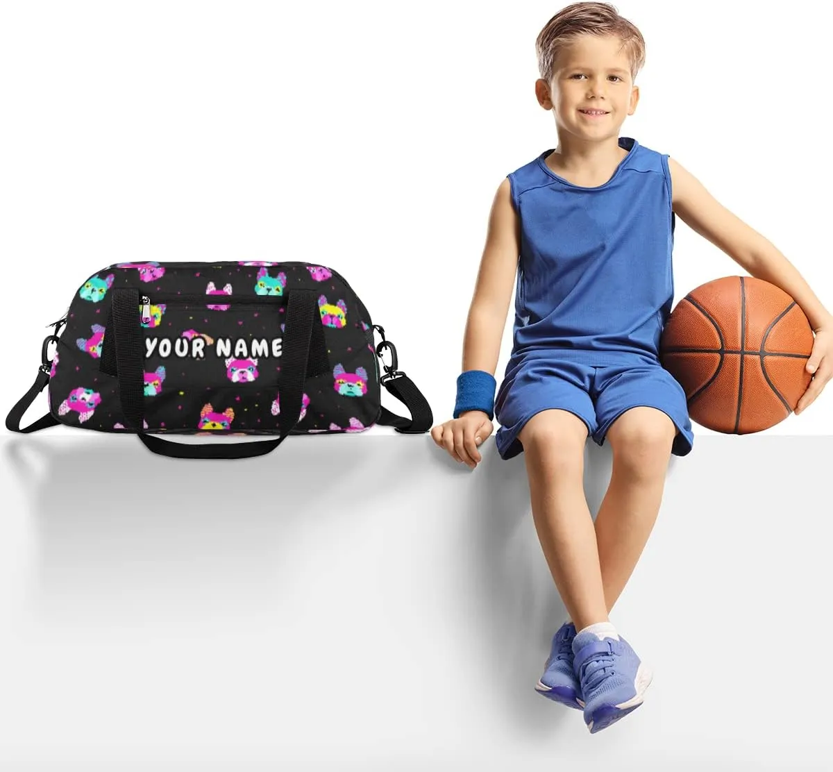 Dog Polka Dot Personalized Kids Duffel Bag for Girls Boys, Dog Debris Custom Dance Bag Overnight Small Duffel Bag Carry On Weekend Sports Travel Bag for School Practice Gymnastics Ballet
