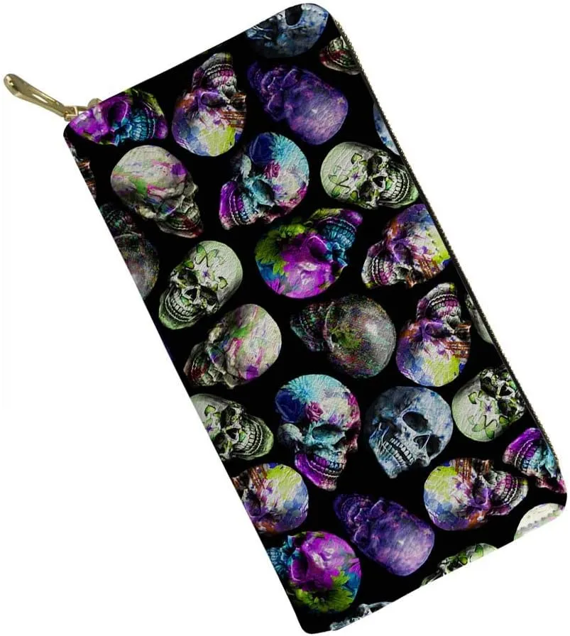 doginthehole Skull Print Fashion Women Long Leather Wallet Zip Clutch Purse