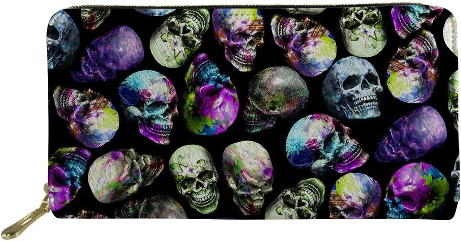 doginthehole Skull Print Fashion Women Long Leather Wallet Zip Clutch Purse