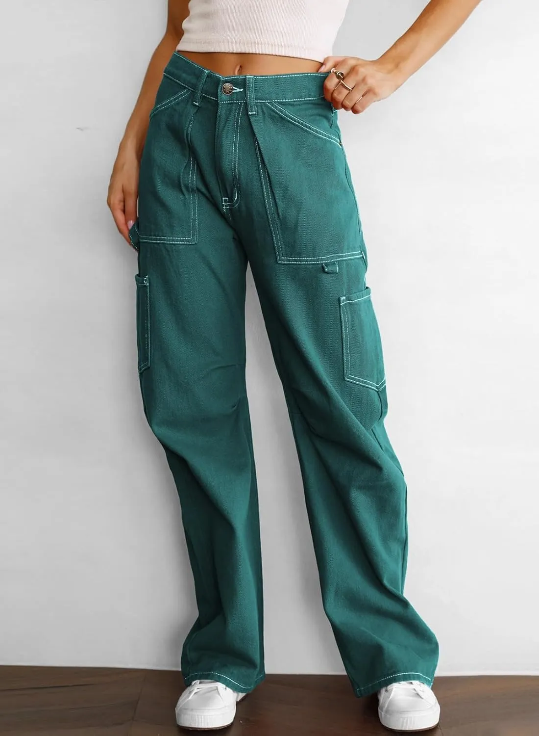 Dokotoo Womens Cargo Pants Women Baggy Wide Leg High Waist Casual Pants Jean Stretch Pants