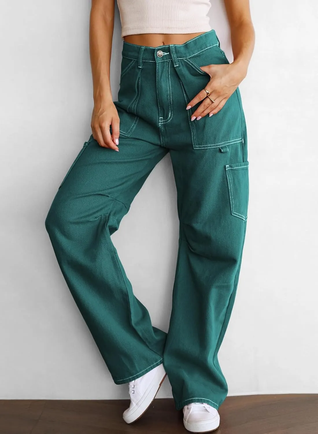 Dokotoo Womens Cargo Pants Women Baggy Wide Leg High Waist Casual Pants Jean Stretch Pants