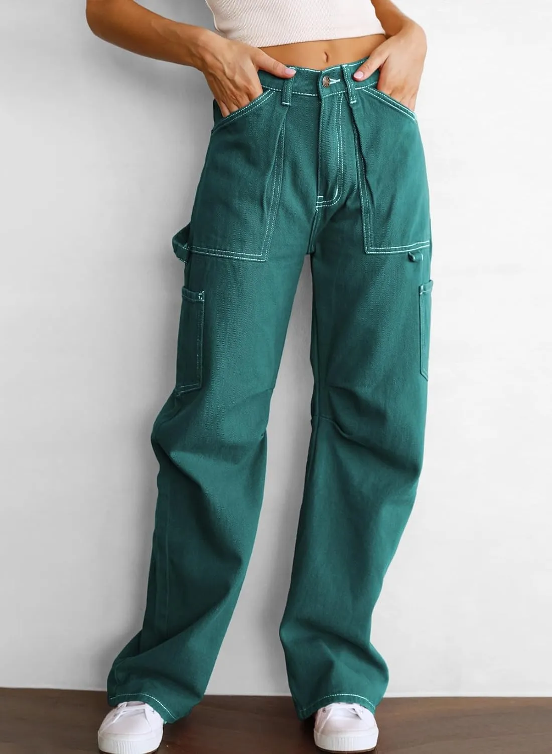 Dokotoo Womens Cargo Pants Women Baggy Wide Leg High Waist Casual Pants Jean Stretch Pants