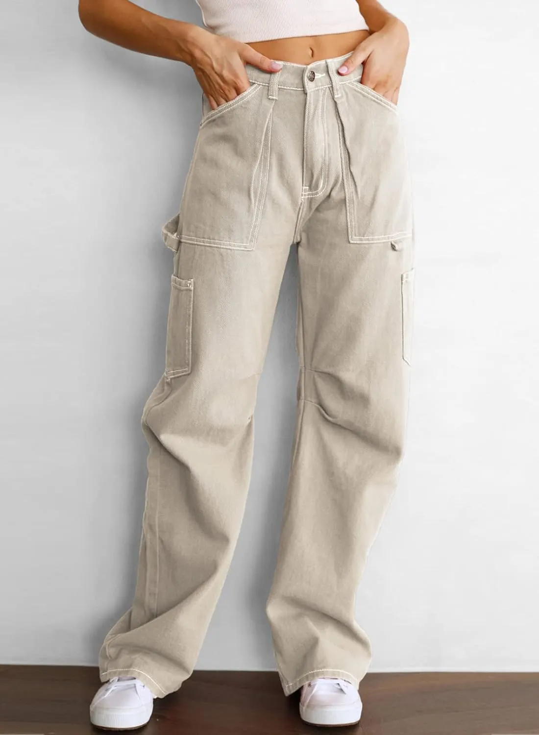 Dokotoo Womens Cargo Pants Women Baggy Wide Leg High Waist Casual Pants Jean Stretch Pants
