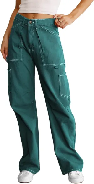 Dokotoo Womens Cargo Pants Women Baggy Wide Leg High Waist Casual Pants Jean Stretch Pants