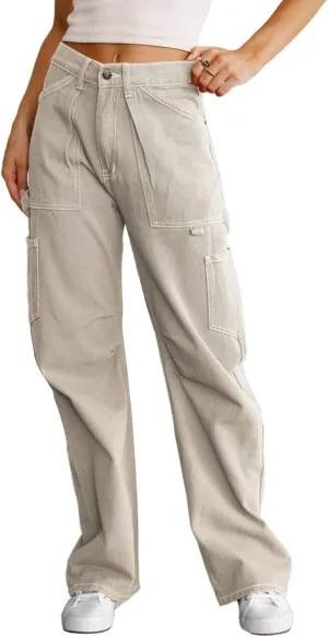 Dokotoo Womens Cargo Pants Women Baggy Wide Leg High Waist Casual Pants Jean Stretch Pants