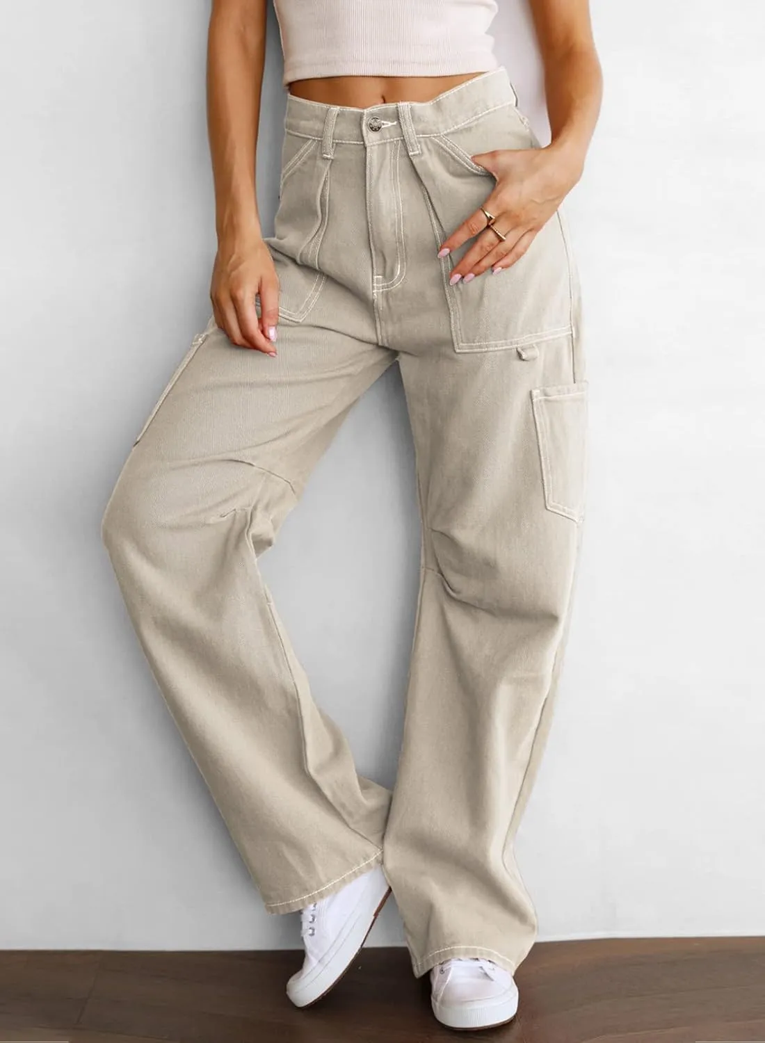 Dokotoo Womens Cargo Pants Women Baggy Wide Leg High Waist Casual Pants Jean Stretch Pants