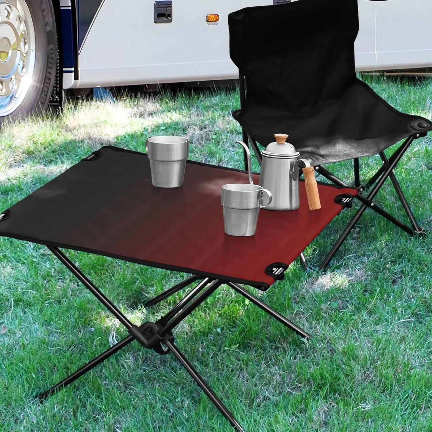 DOMIKING Black Red Gradient Portable Camping Table Folding Picnic Tables with Carrying Storage Bag Camp Table for Travel Outdoor Hike 23.6 * 15.6 * 15 in