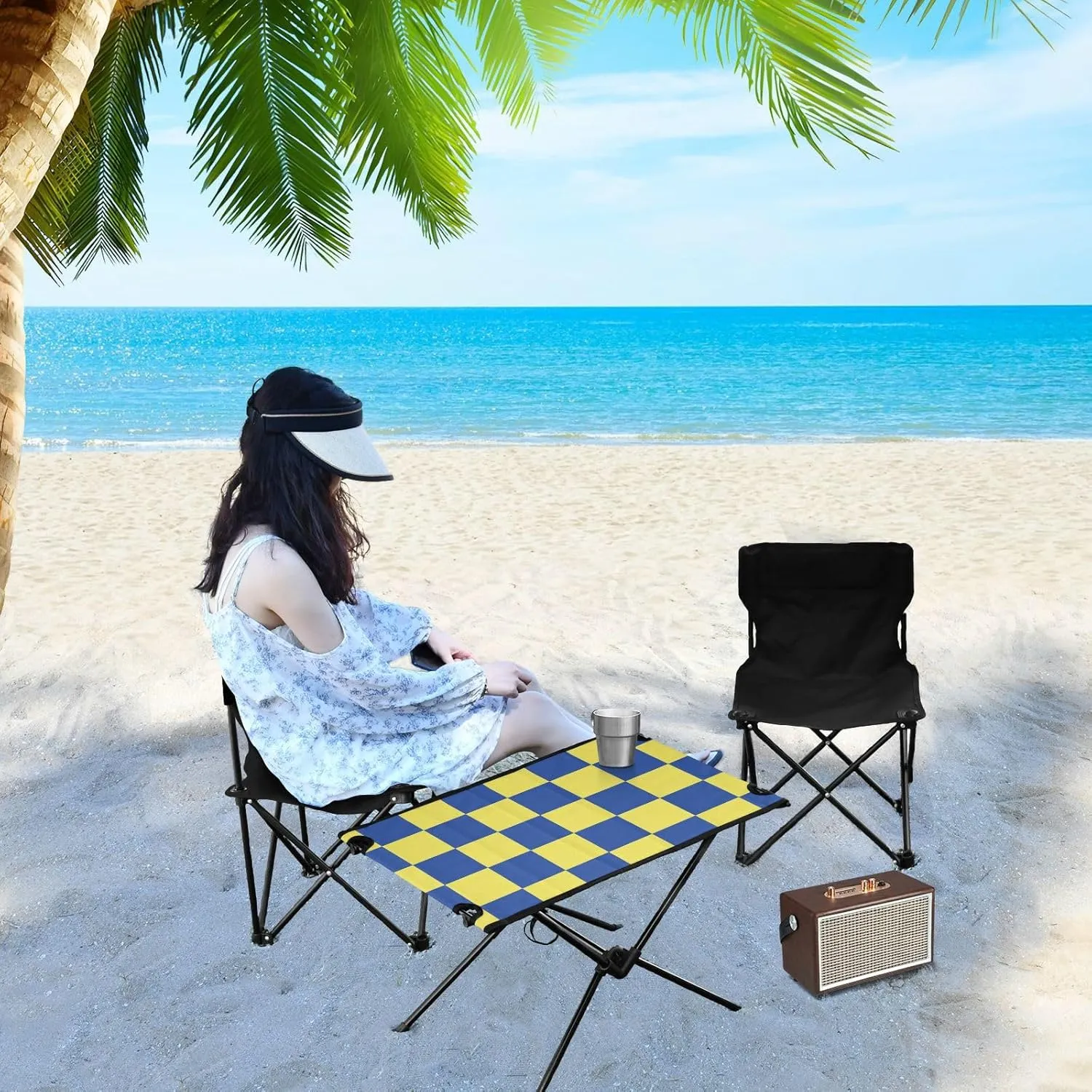 DOMIKING Checkerboard Yellow Blue Plaid Portable Camping Table Folding Picnic Tables with Carrying Storage Bag Camp Tables for Camp Travel Beach 23.6 * 15.6 * 15 in